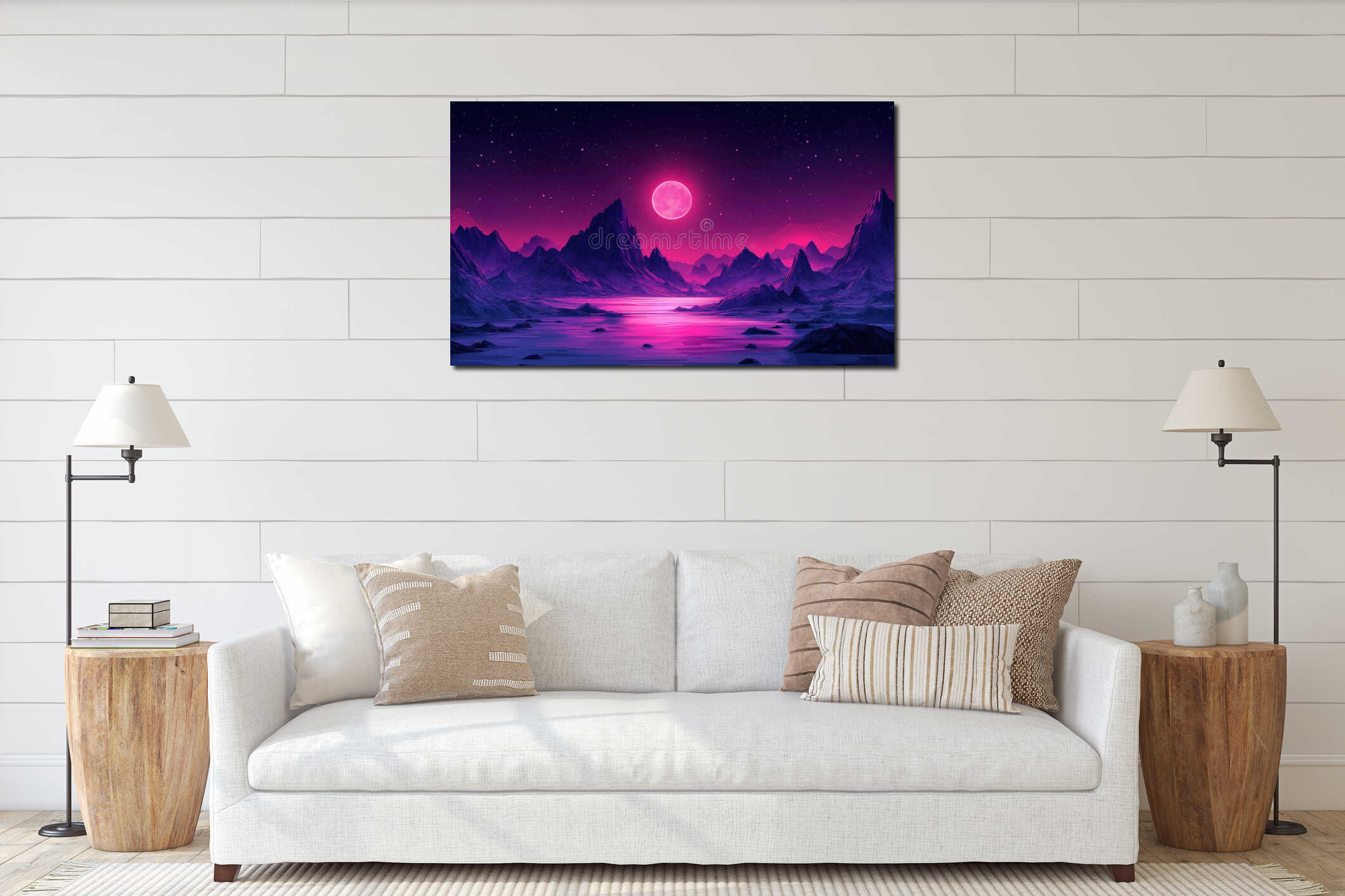 Stunning surreal landscape with pink moon and purple mountains at night interior mockup
