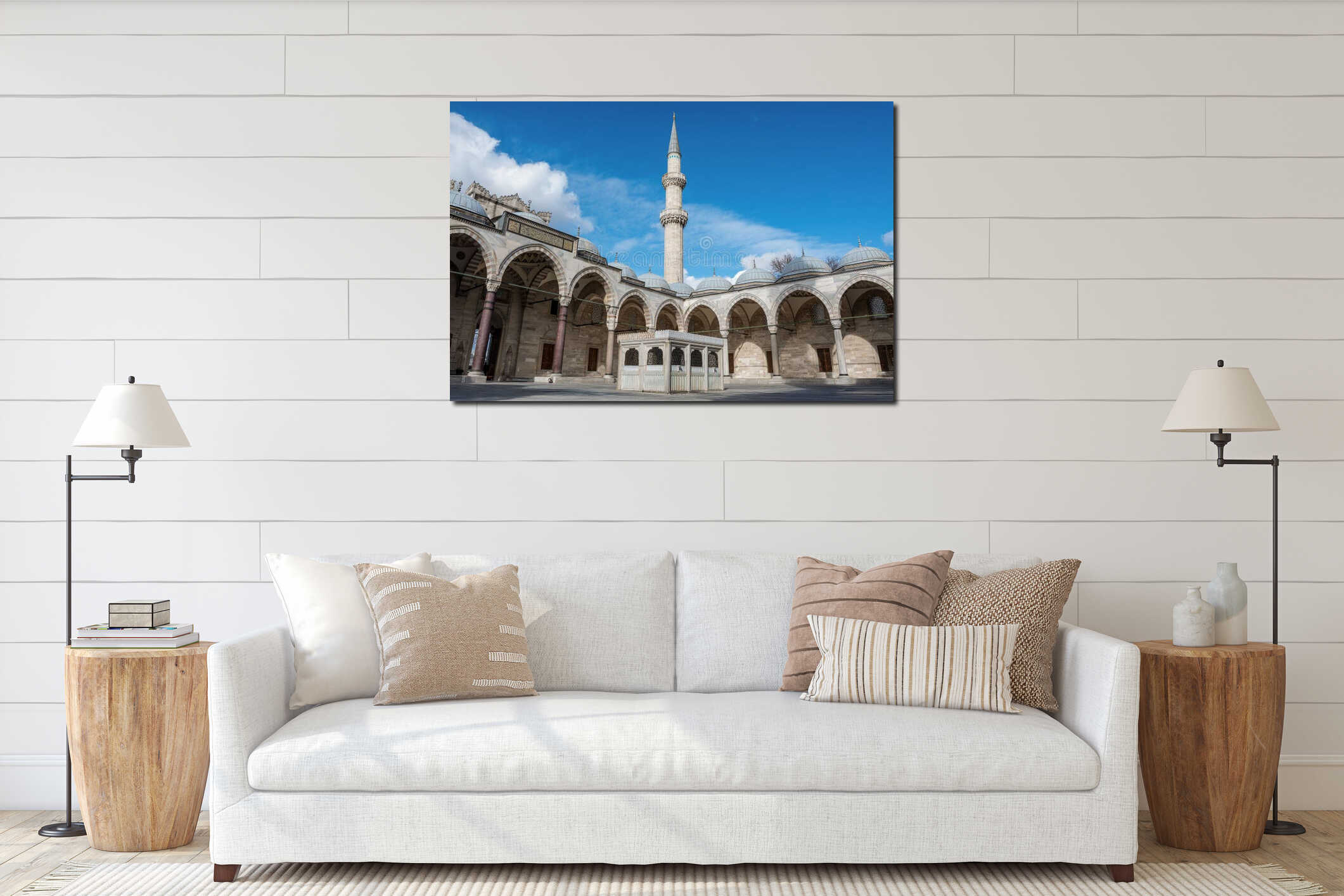 Suleymaniye Mosque courtyard and minaret in Istanbul. interior mockup