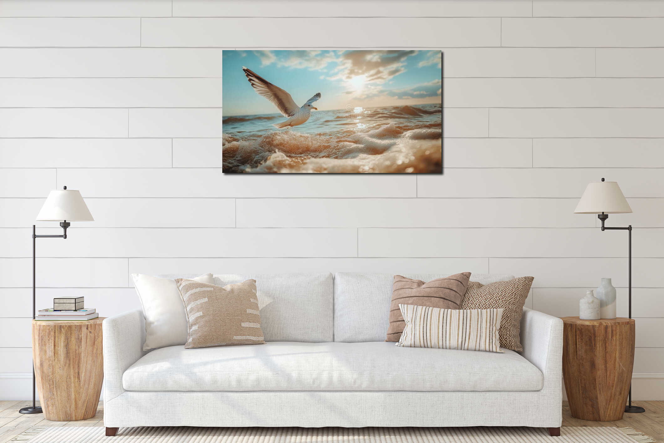 A clear sky overlooks a serene seascape of a seagull flying above the calm and peaceful ocean interior mockup