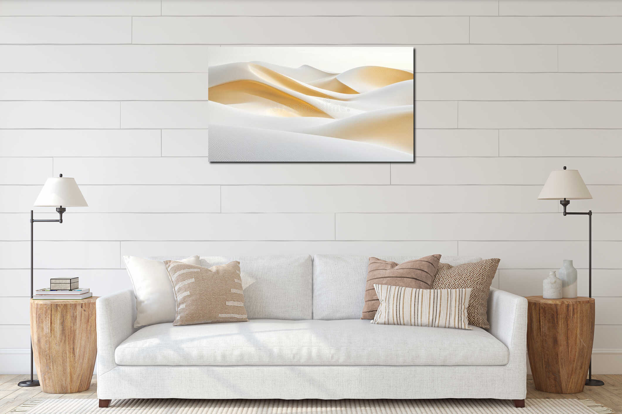 A digital illustration of a desert landscape with undulating sand dunes in shades of white and gold. interior mockup