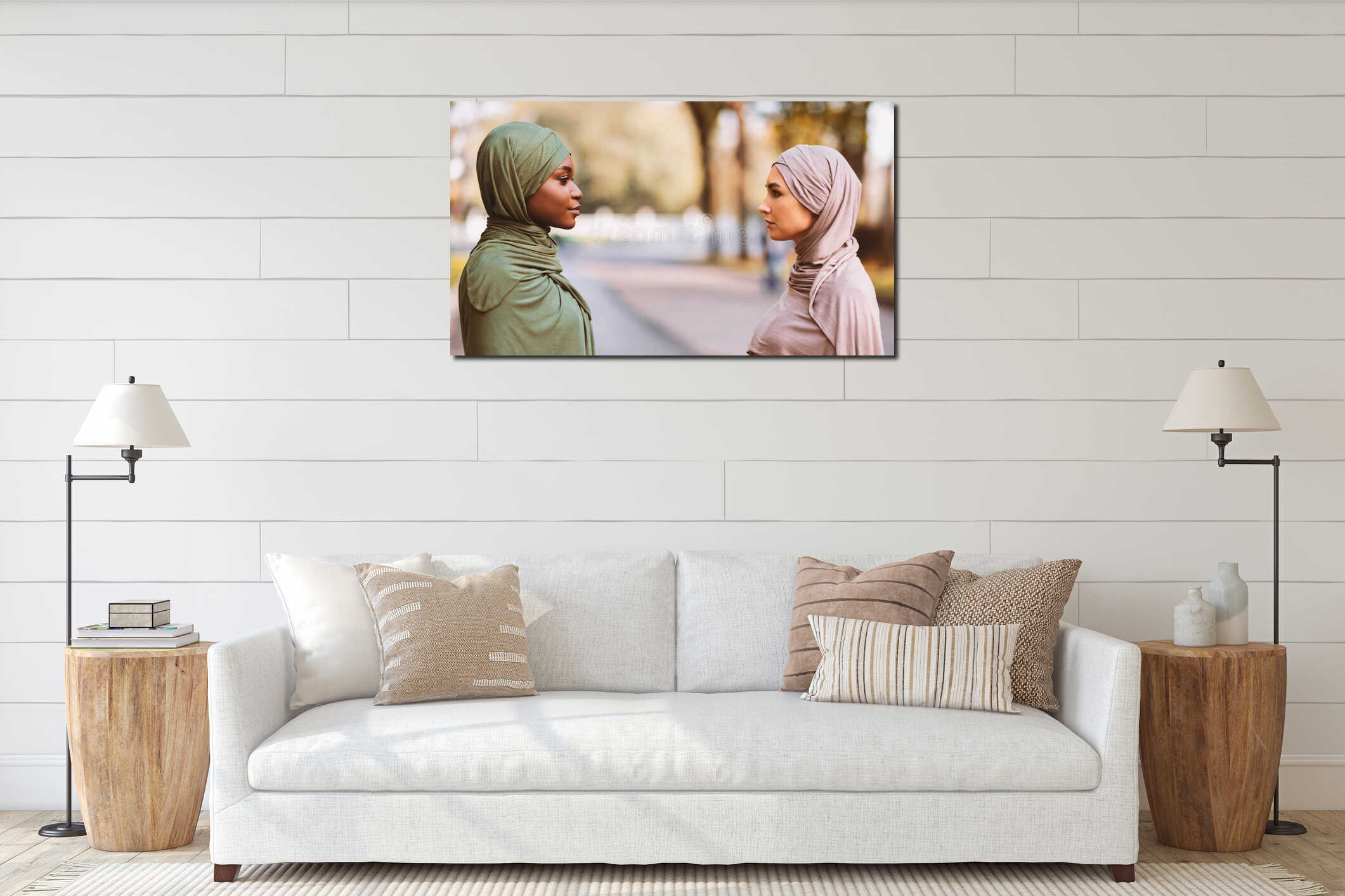 Two Muslim Women Enemies Standing Separately Posing Outdoors, Side-View Portrait interior mockup