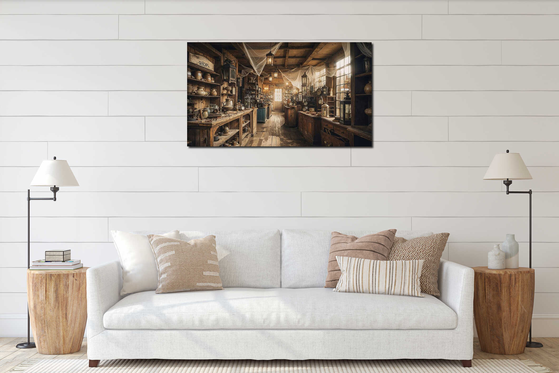 A vintage antique shop interior with wooden shelves and rustic items, including lanterns, clocks, pottery, and glass jars. The interior mockup