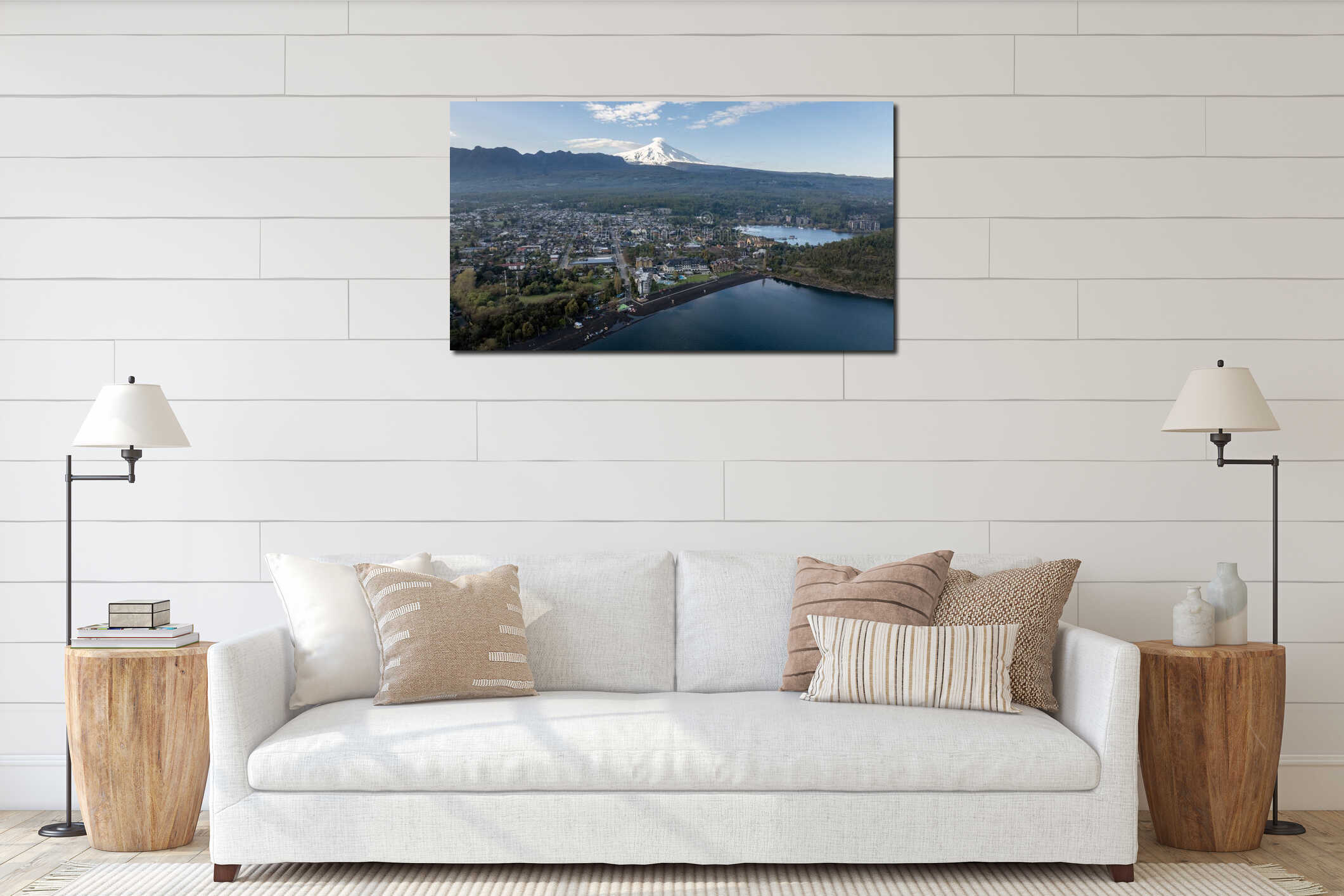 Aerial panoramic view of Pucon city with stunning view of Villarrica volcano. interior mockup