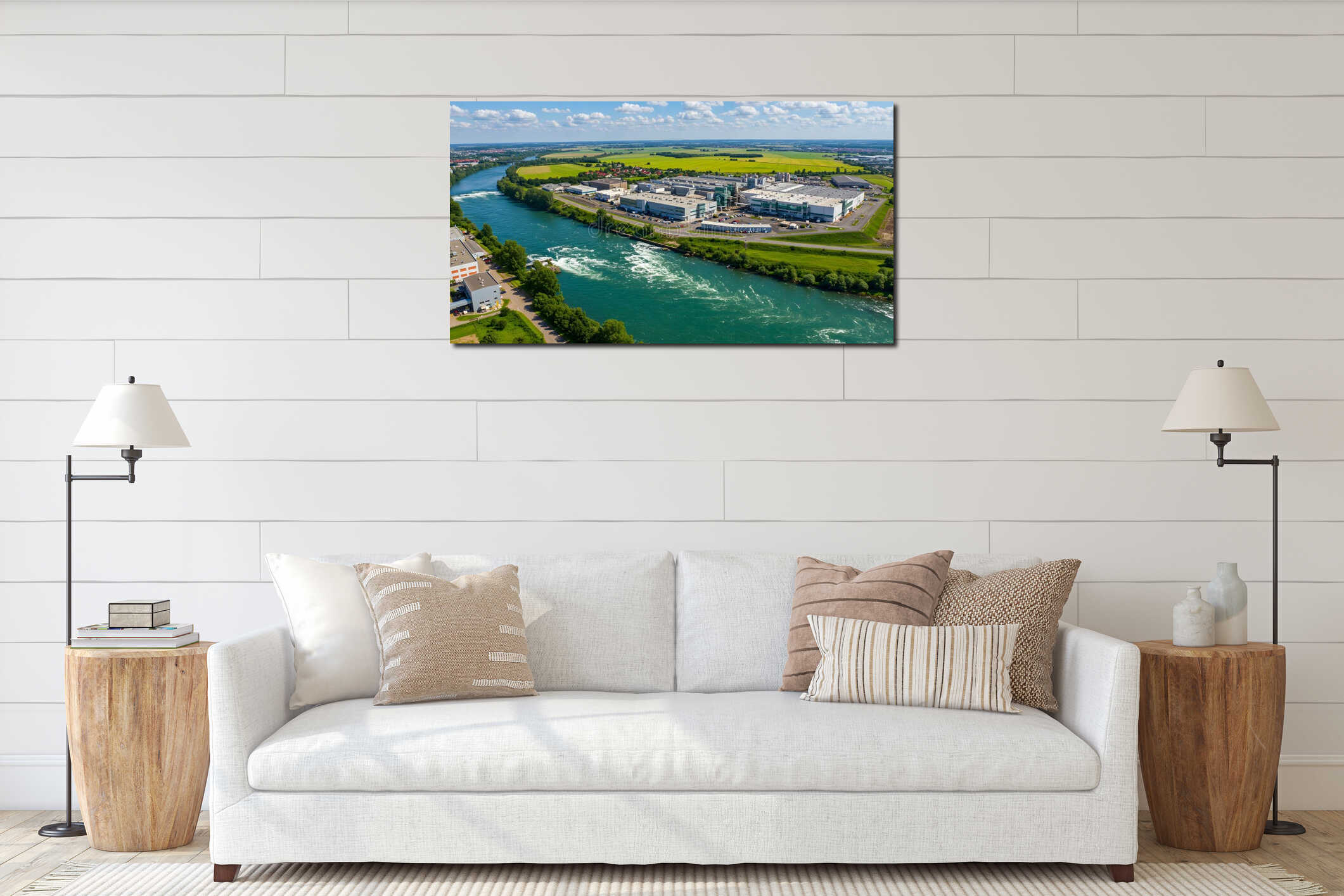 Aerial View of Modern Industrial Complex by the River interior mockup