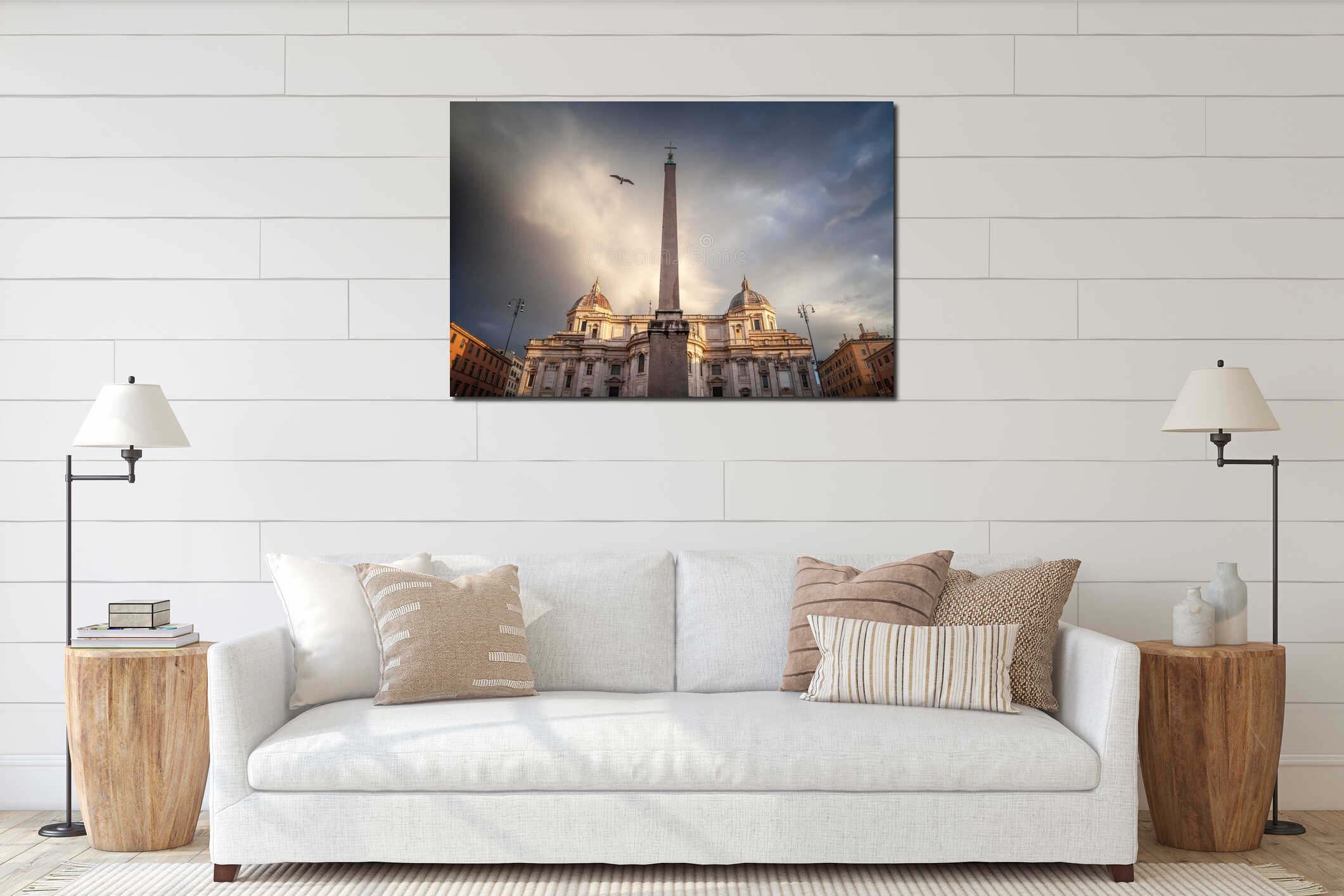 Esquiline Obelisk rises before the domed facade of Basilica di Santa Maria Maggiore beneath storm-lit sky, accentuating scale of interior mockup