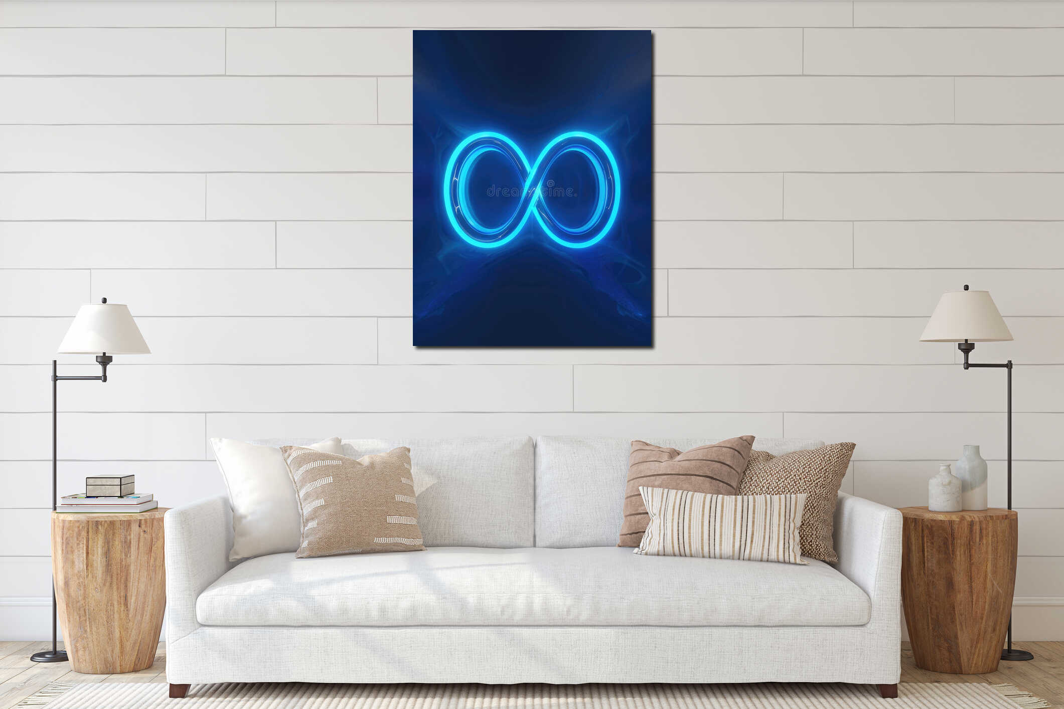 Blue neon sign with infinite loop interior mockup
