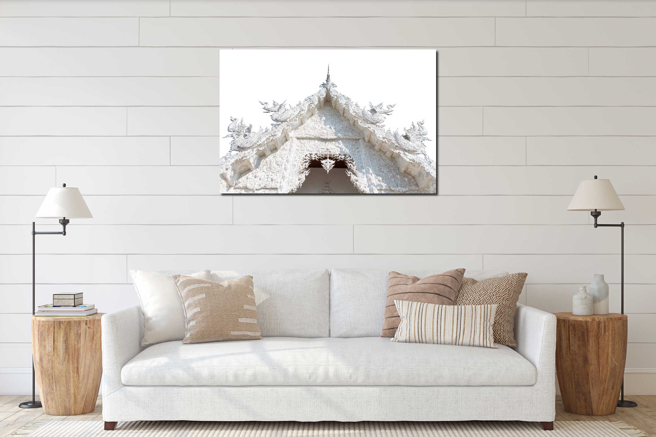 Ancient Thai white temple architecture with ornate roof and wooden doors interior mockup
