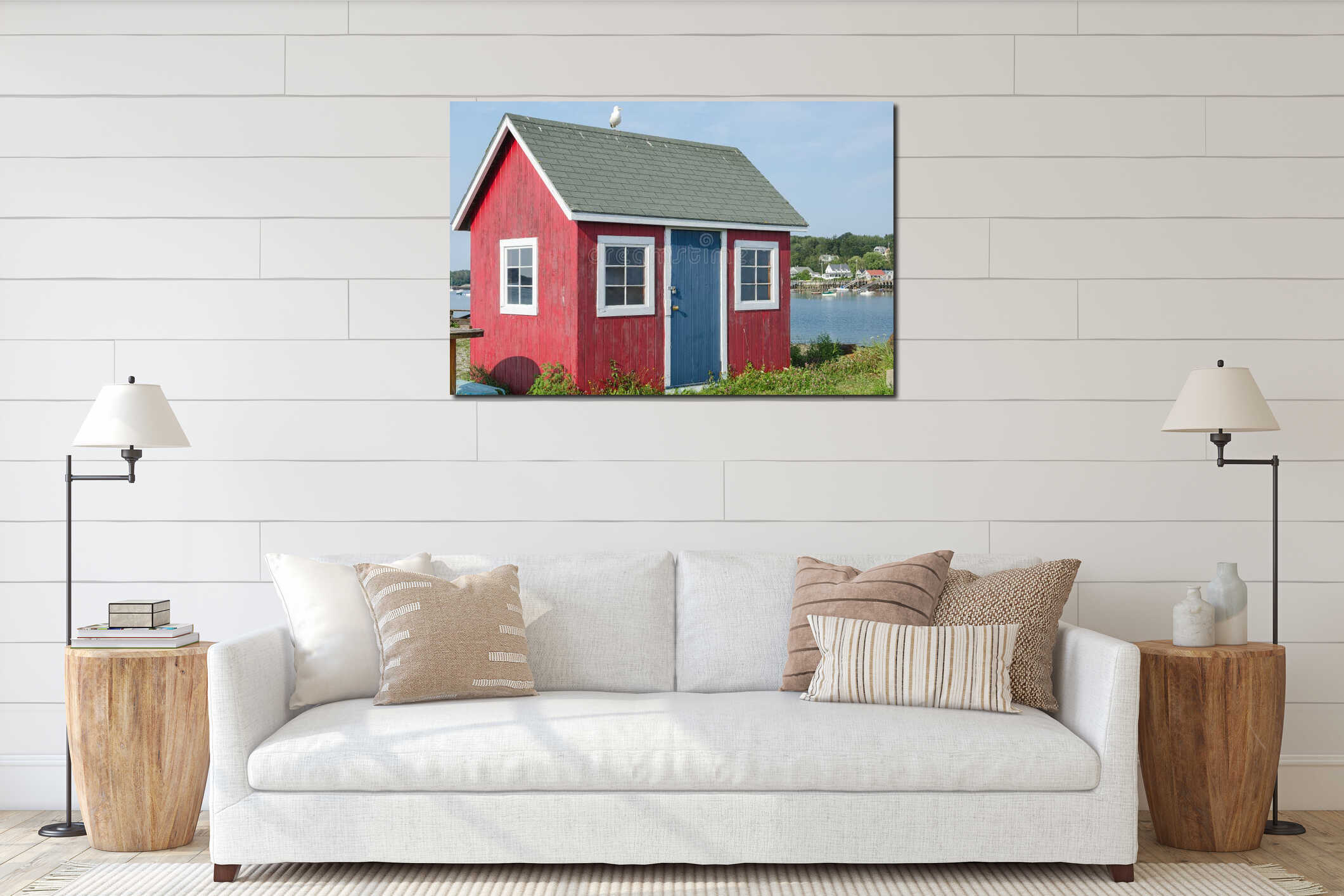 Red wooden fishing shack on Bailey Island, Harpswell, Maine, New England, USA interior mockup