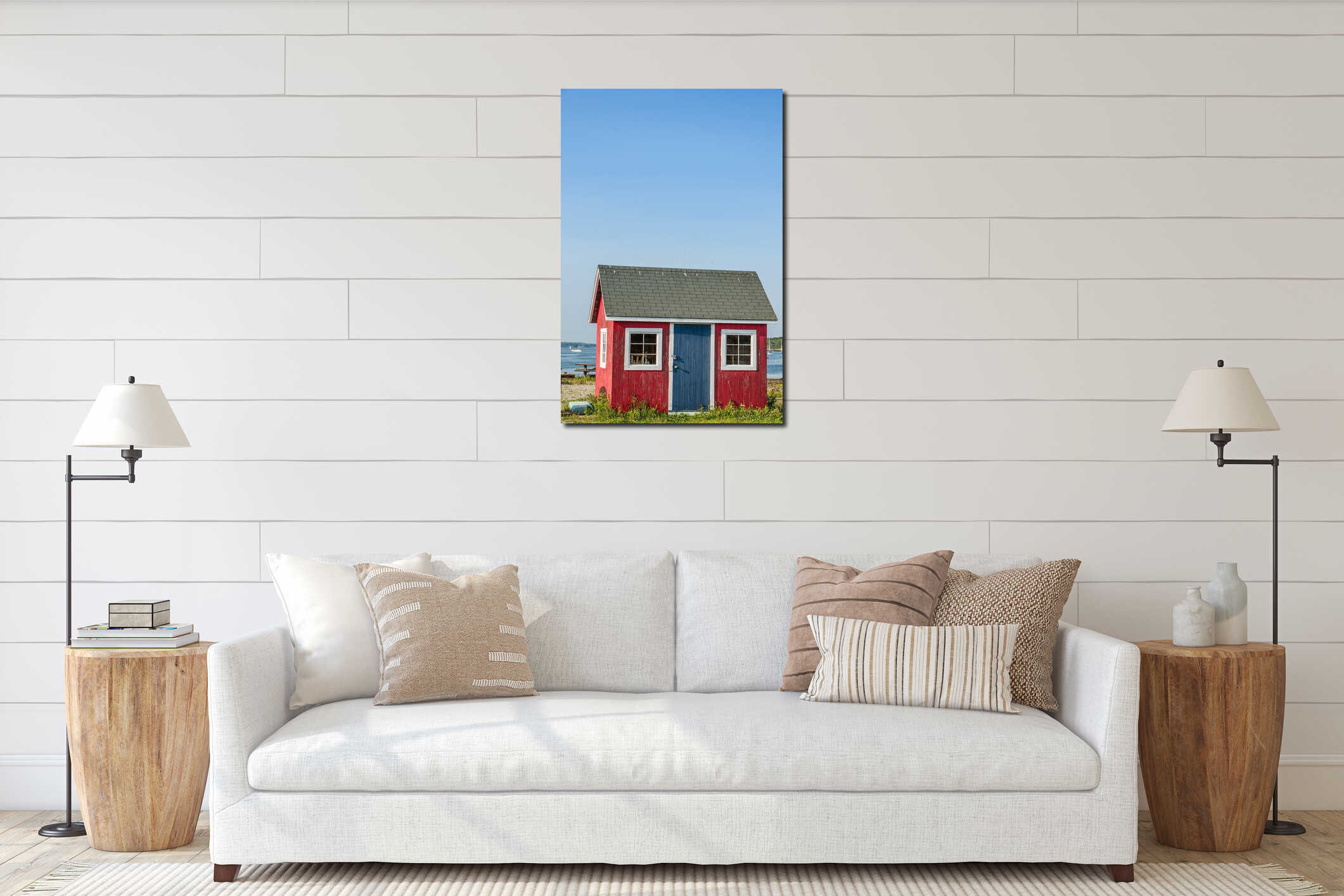 Red wooden fishing shack on Bailey Island, Harpswell, Maine, New England, USA interior mockup