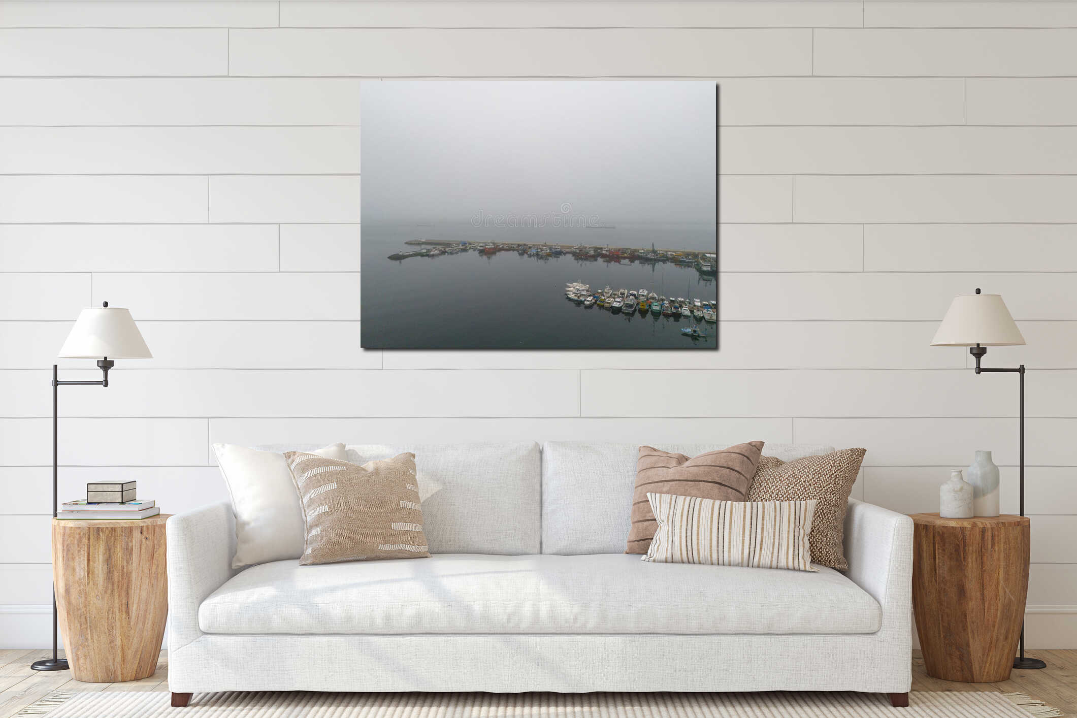 Aerial view of a harbor on a foggy day. interior mockup