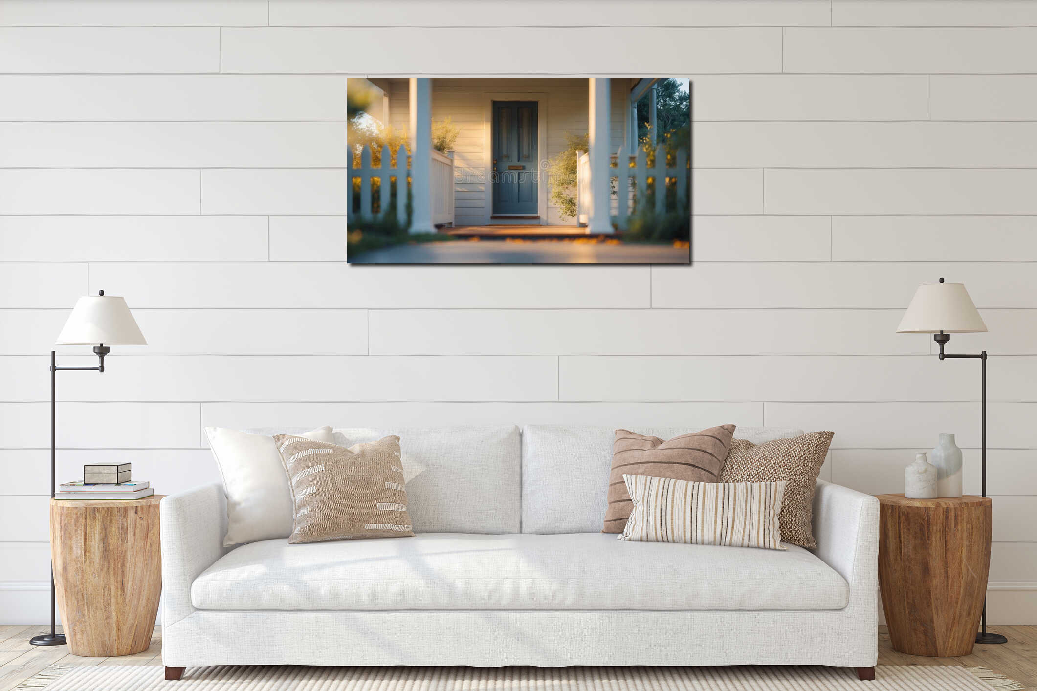 Serene Home Entrance with Blue Door, White Picket Fence, and Warm Golden Light. interior mockup