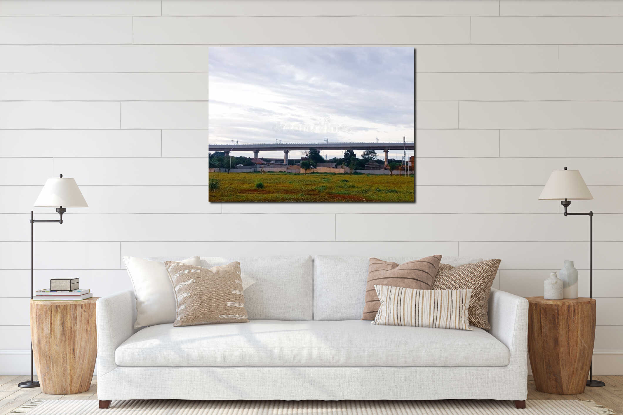 long elevated bridge over urban landscape interior mockup