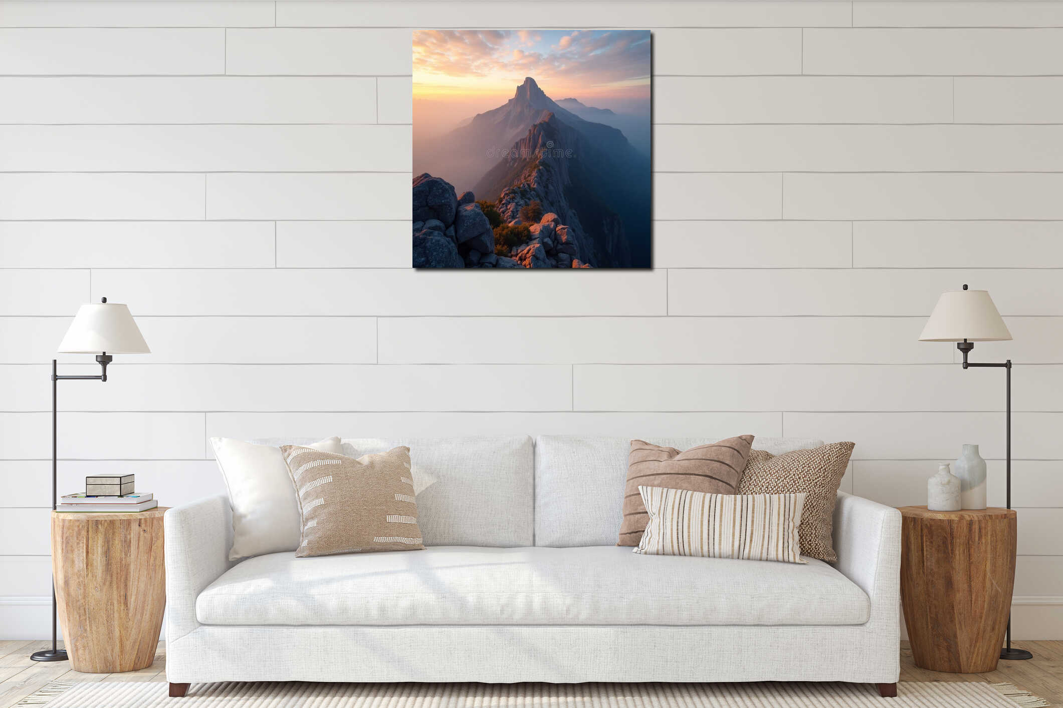 A majestic mountain summit rises proudly against a brilliant, breathtaking sunrise sky interior mockup