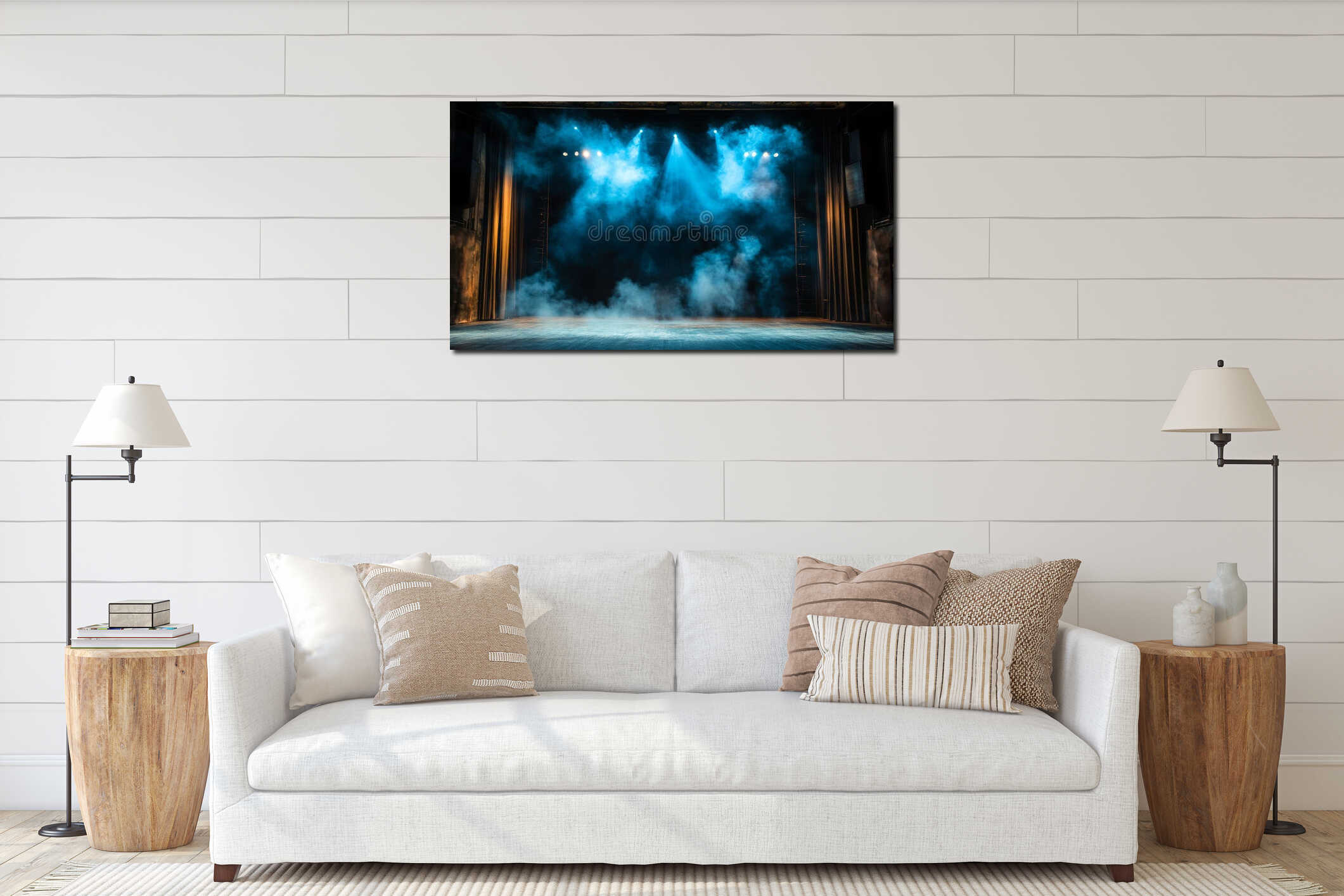 A detailed and artistic close-up of a stage set, illuminated by dramatic lighting, with a theatrical and vibrant design interior mockup