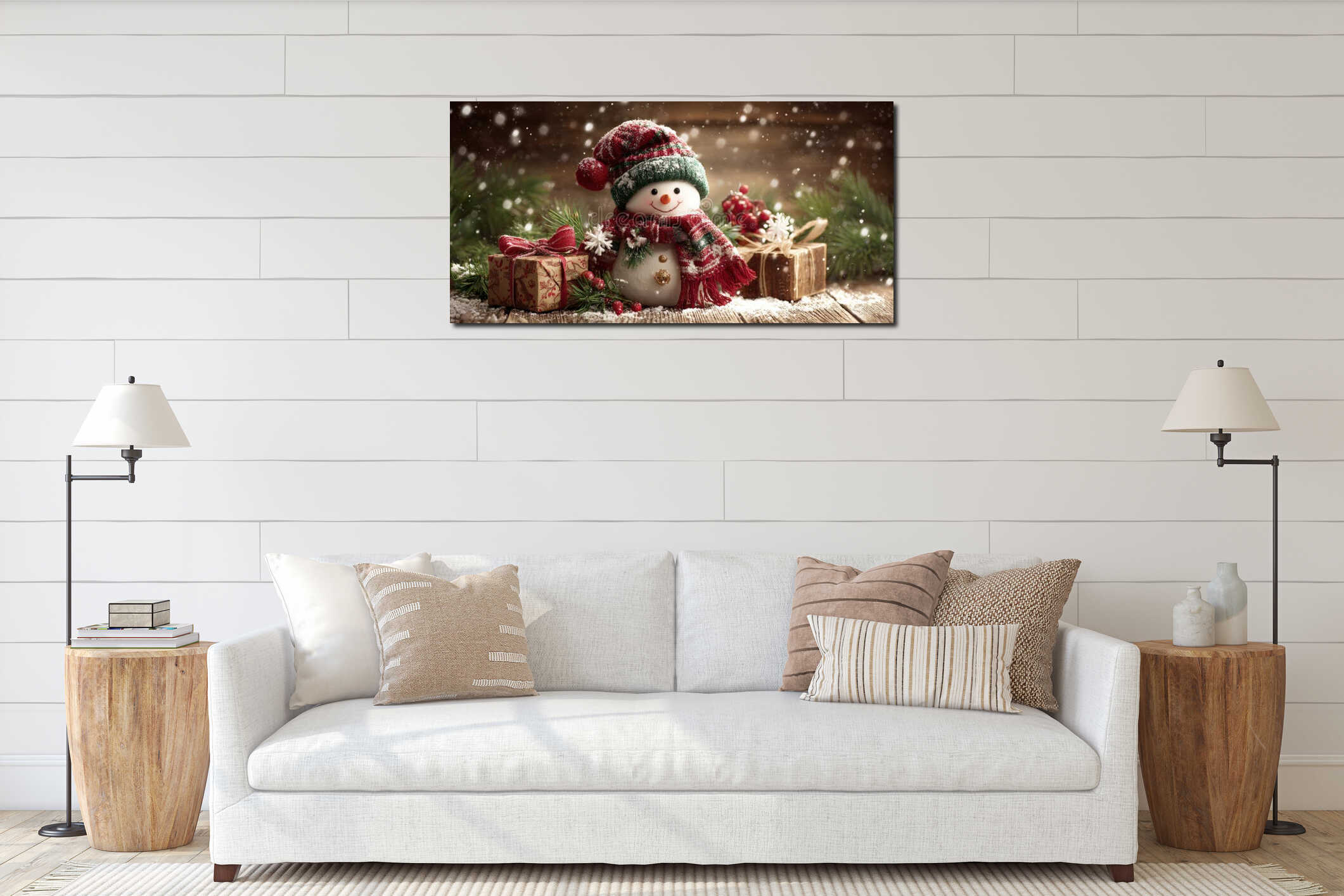 Snowman standing beside colorful wrapped presents on snowy ground in bright daylight. interior mockup