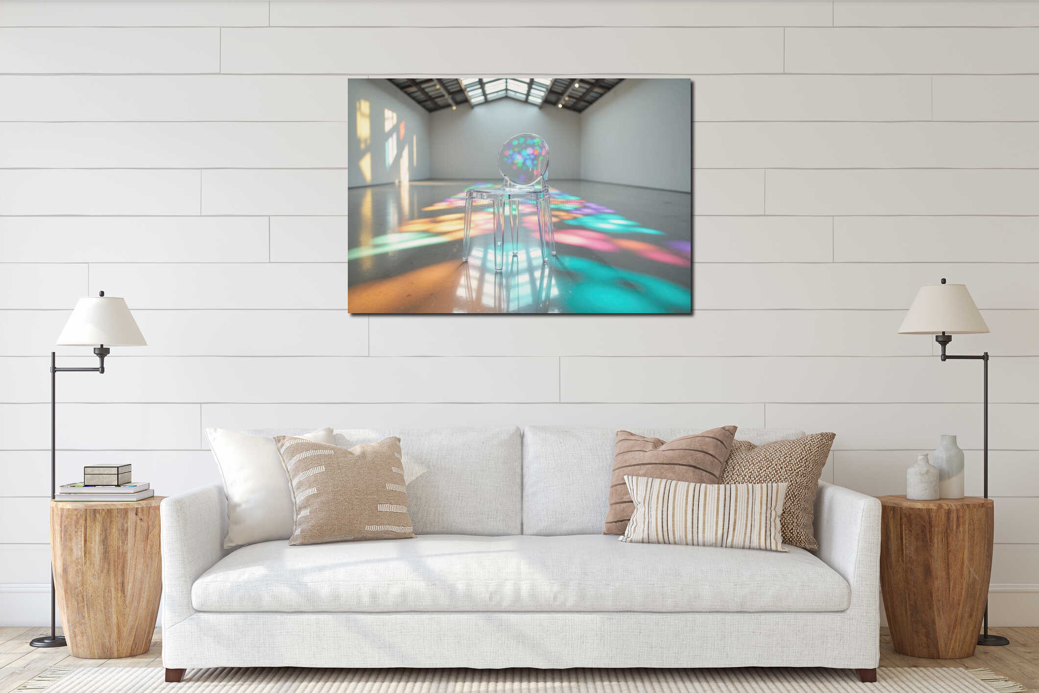 Transparent acrylic chair in an empty gallery with colorful shadows interior mockup