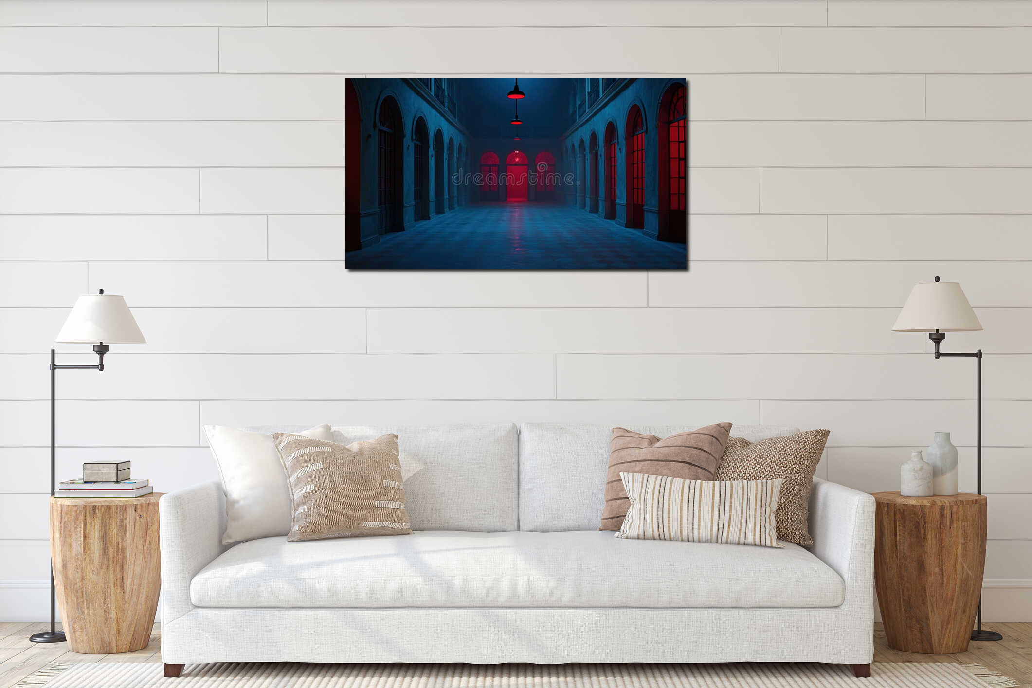 A long hallway with arches and columns, illuminated by red lights. interior mockup