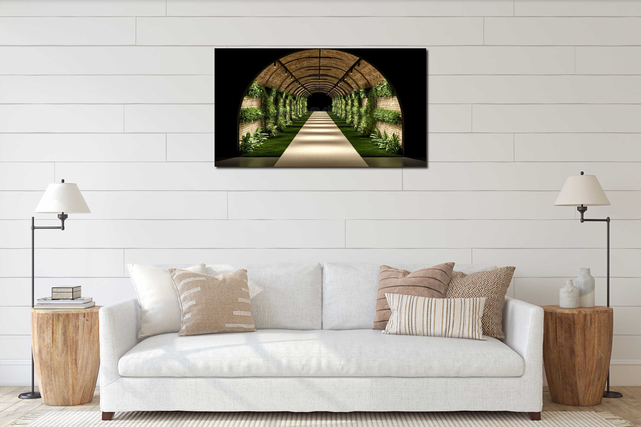 A long, arched tunnel with plants growing on the walls and a light-colored path at the end. interior mockup