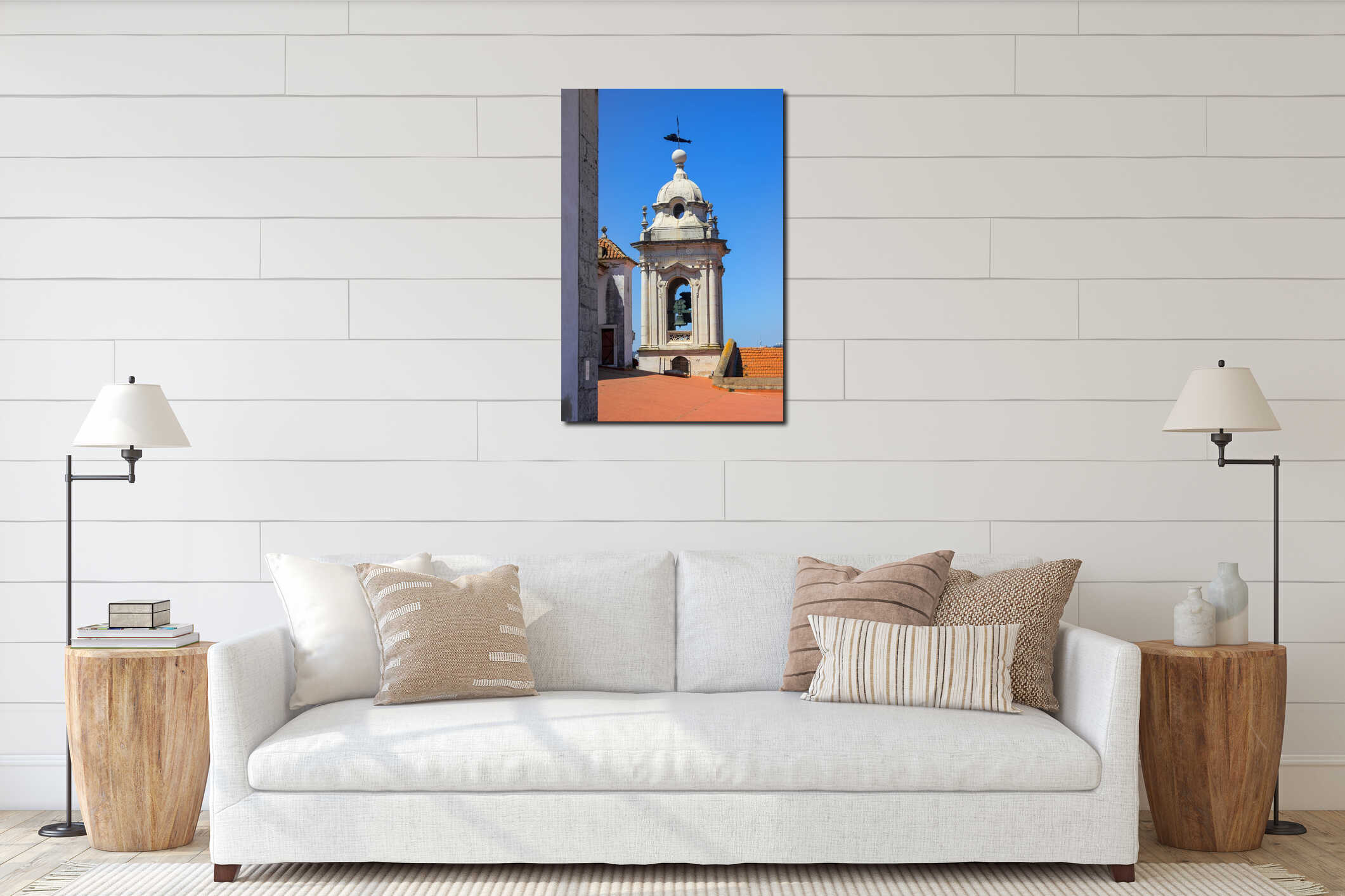 Historic bell tower against blue sky in Lisbon, Portugal interior mockup