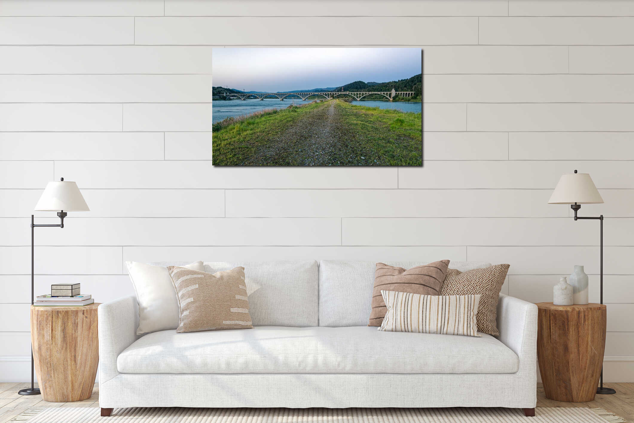 A view of the Rogue River Bridge at dusk from the jetty at Gold Beach, Oregon, USA interior mockup