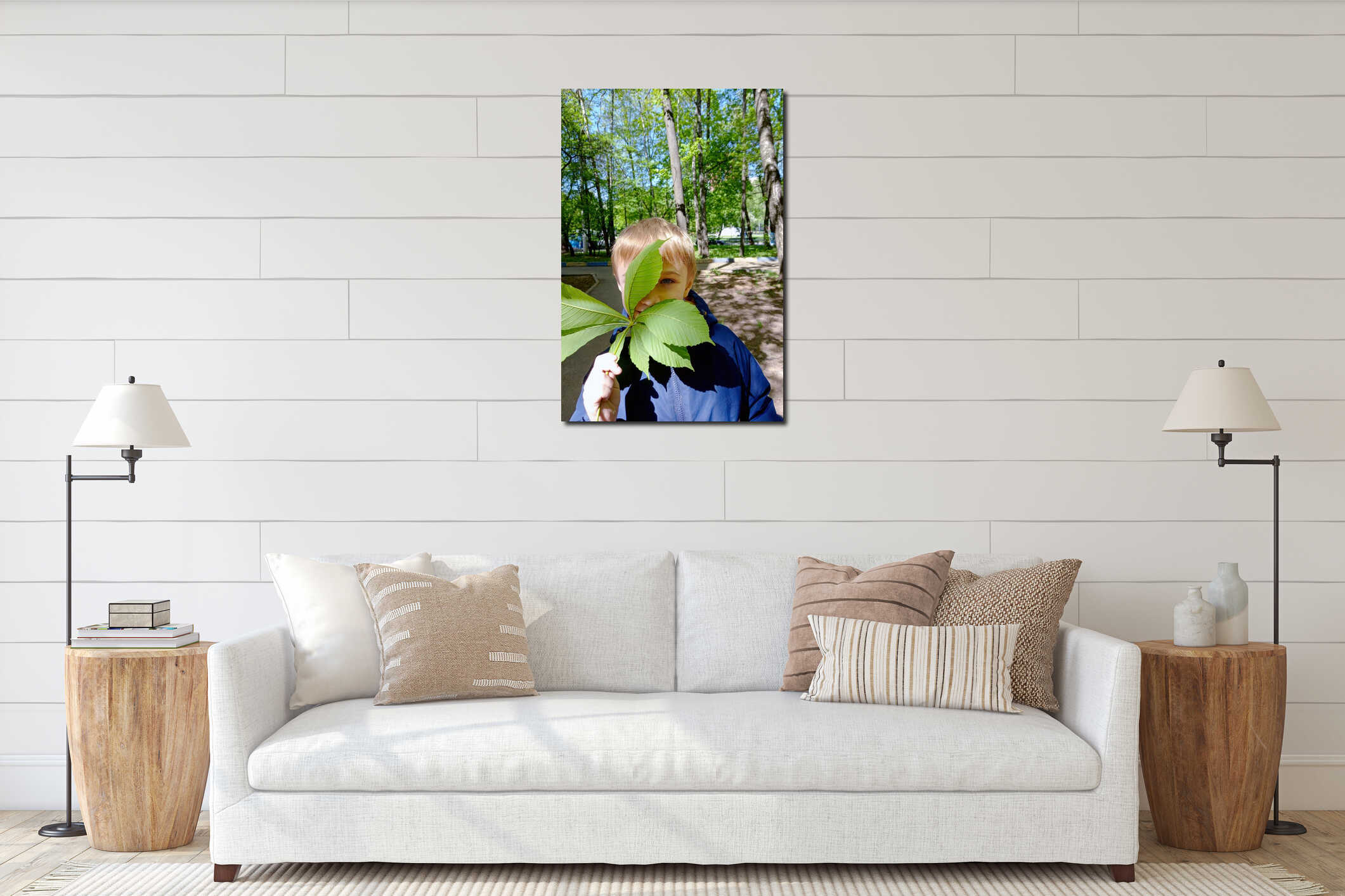 Child playfully hides behind large green chestnut leaf interior mockup