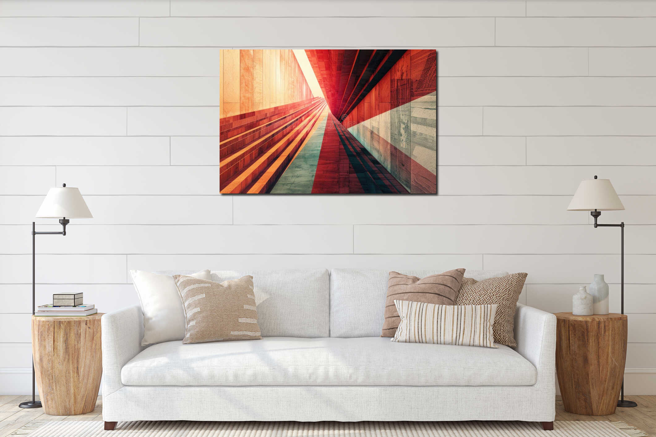 Long Hallway with Red and Blue Stripe interior mockup