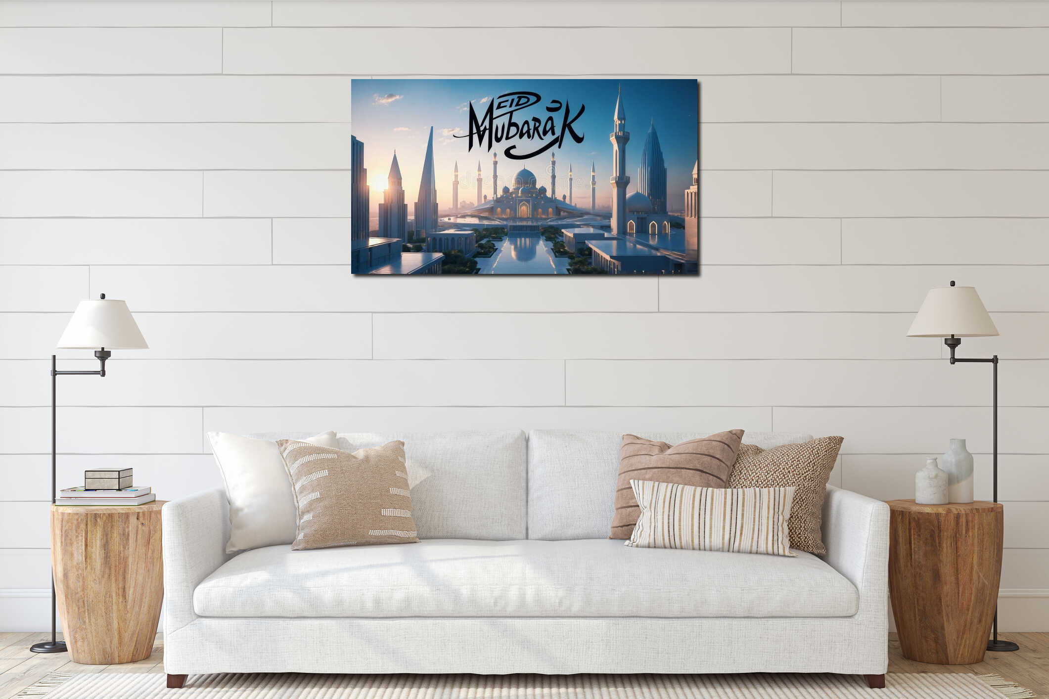 Modern Eid Mubarak greeting featuring a futuristic cityscape with a grand mosque at its center interior mockup