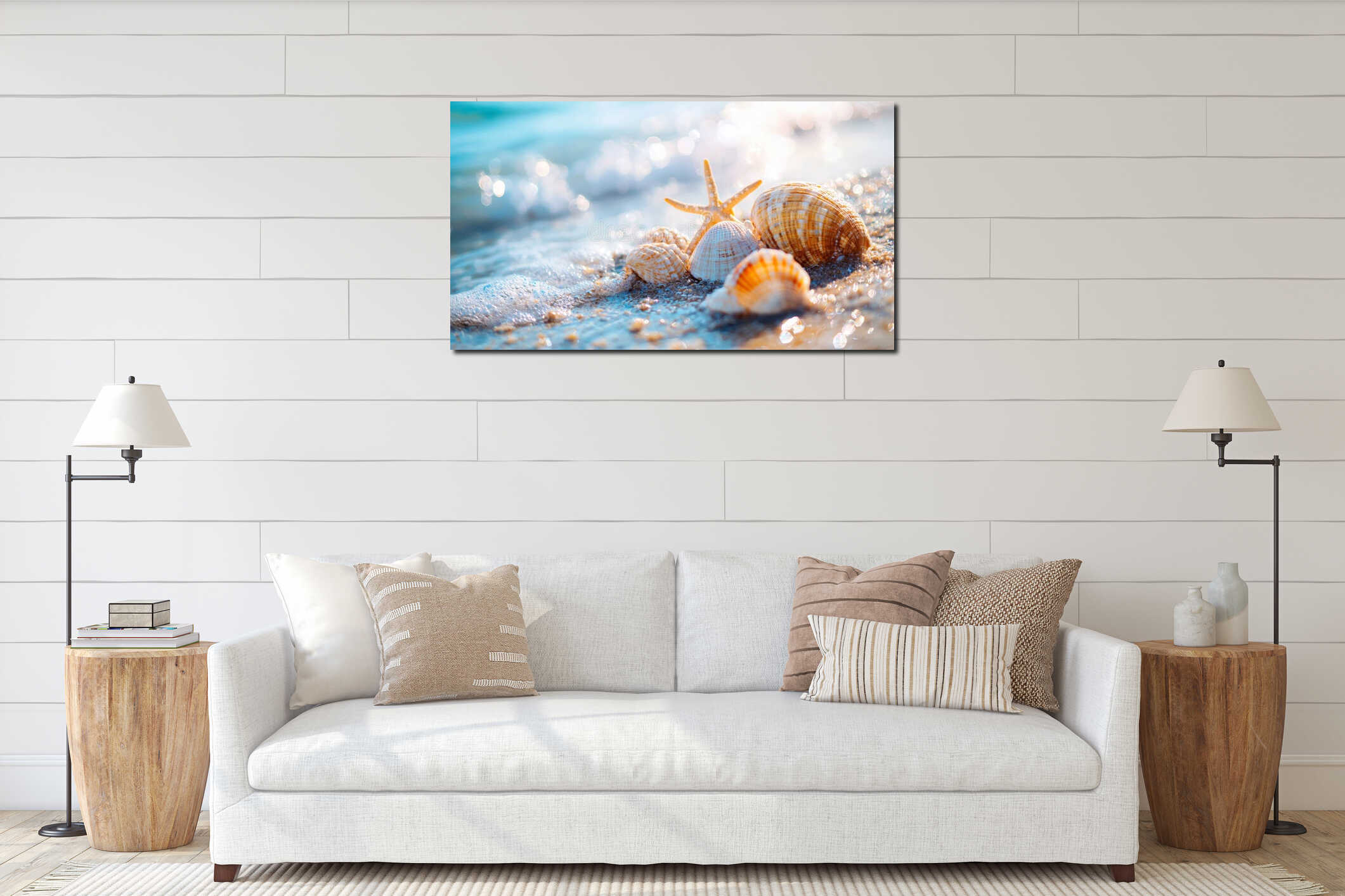 Seashells and starfish on a sunny beach interior mockup