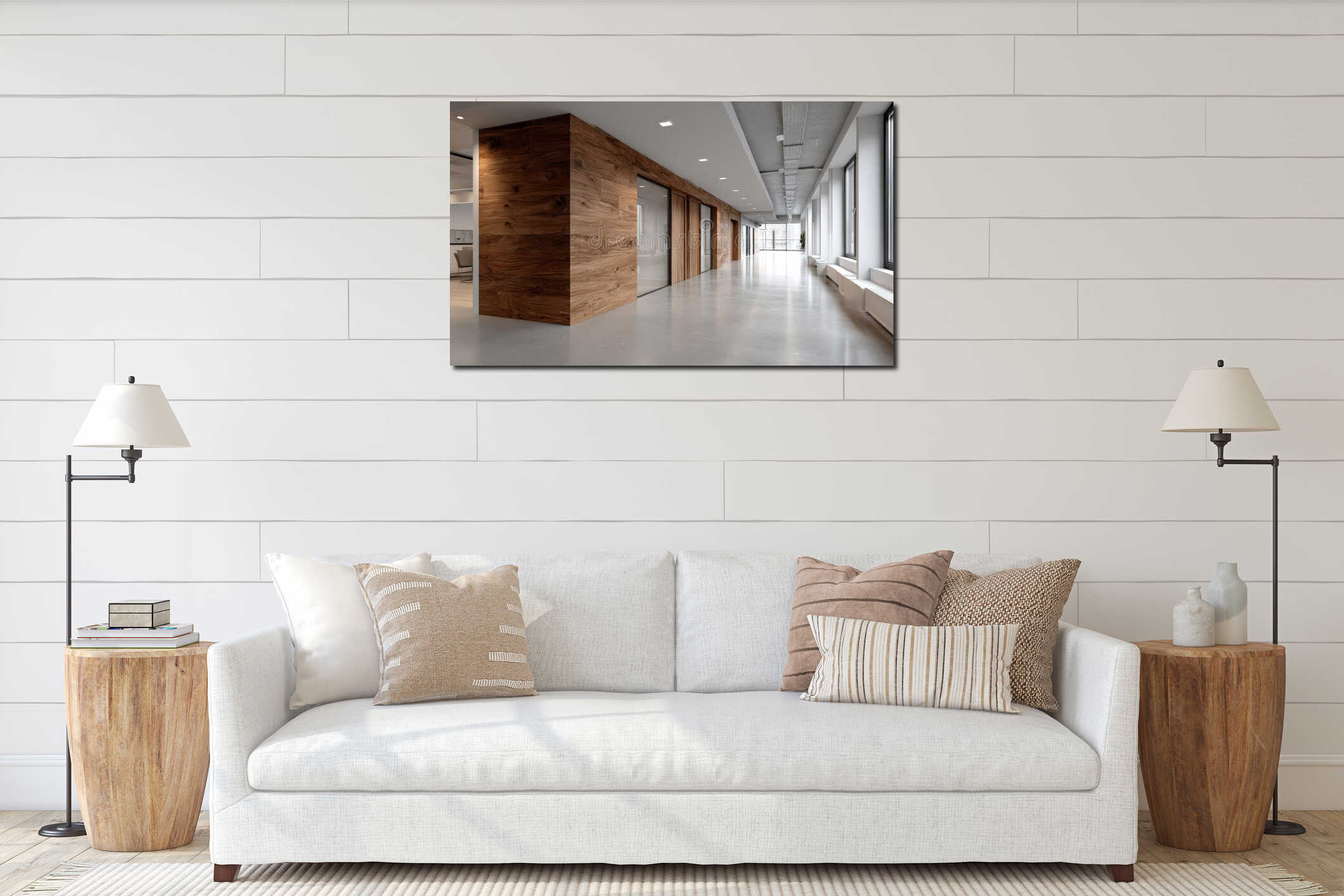 There exists a long hallway that features wooden walls and numerous windows interior mockup
