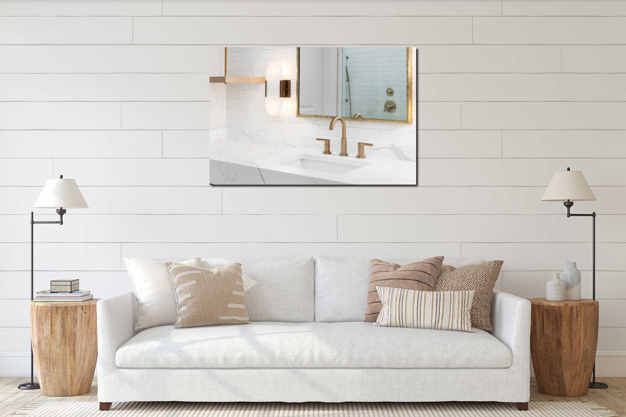 A bathroom detail with a gold faucet and subway tile backsplash. interior mockup