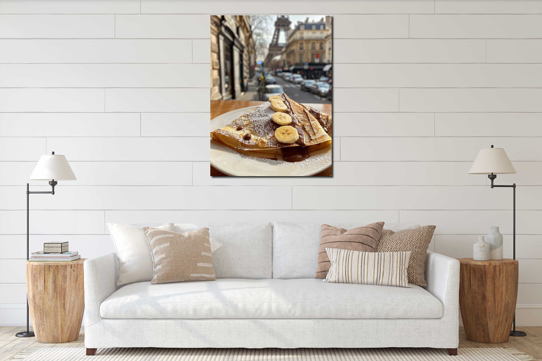 Indulge in a delicious chocolate banana crepe in France with the Eiffel Tower in the background, perfect for a delightful dessert interior mockup