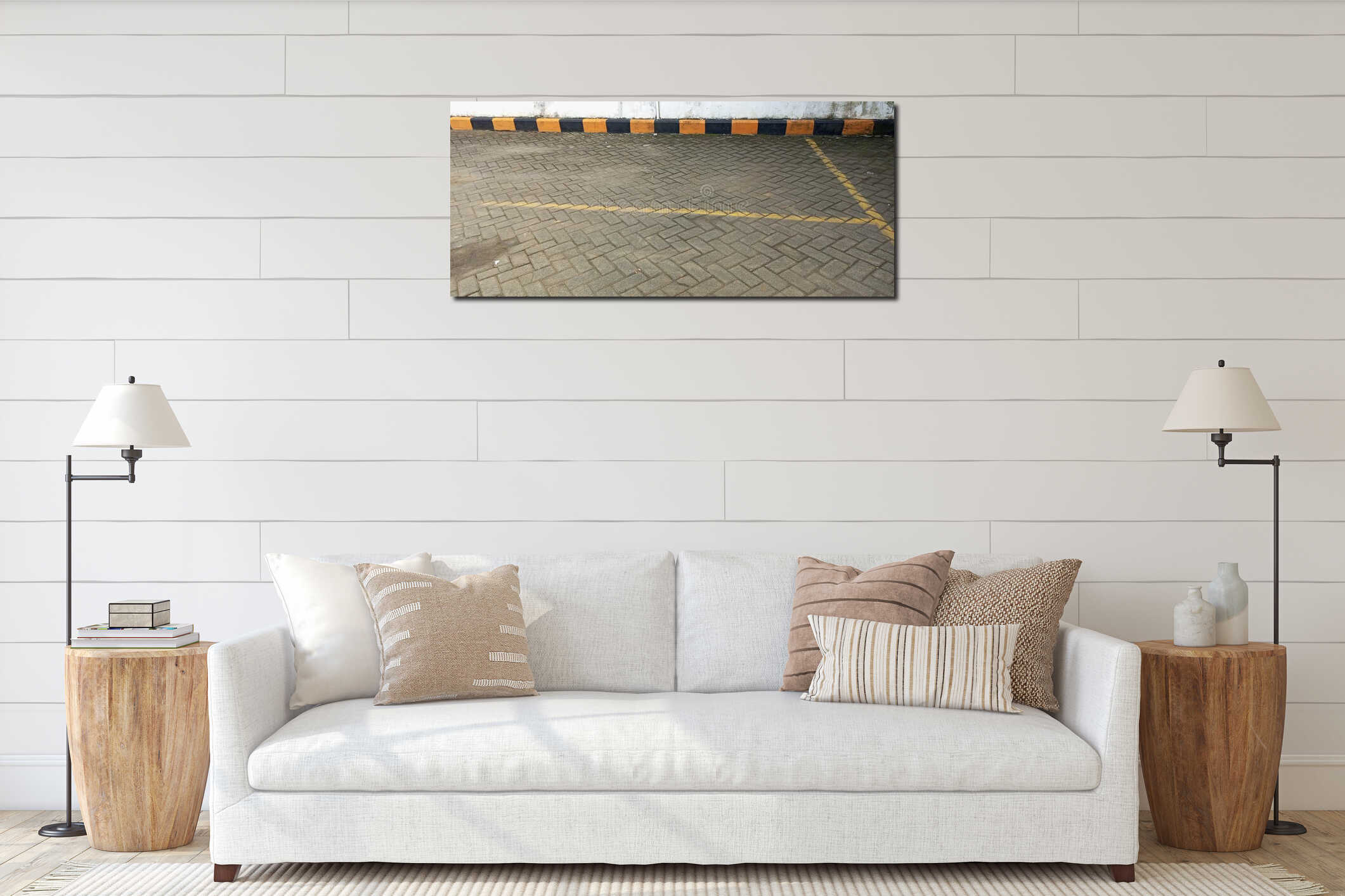 Empty Parking Area with Herringbone Pavers and Striped Curb interior mockup