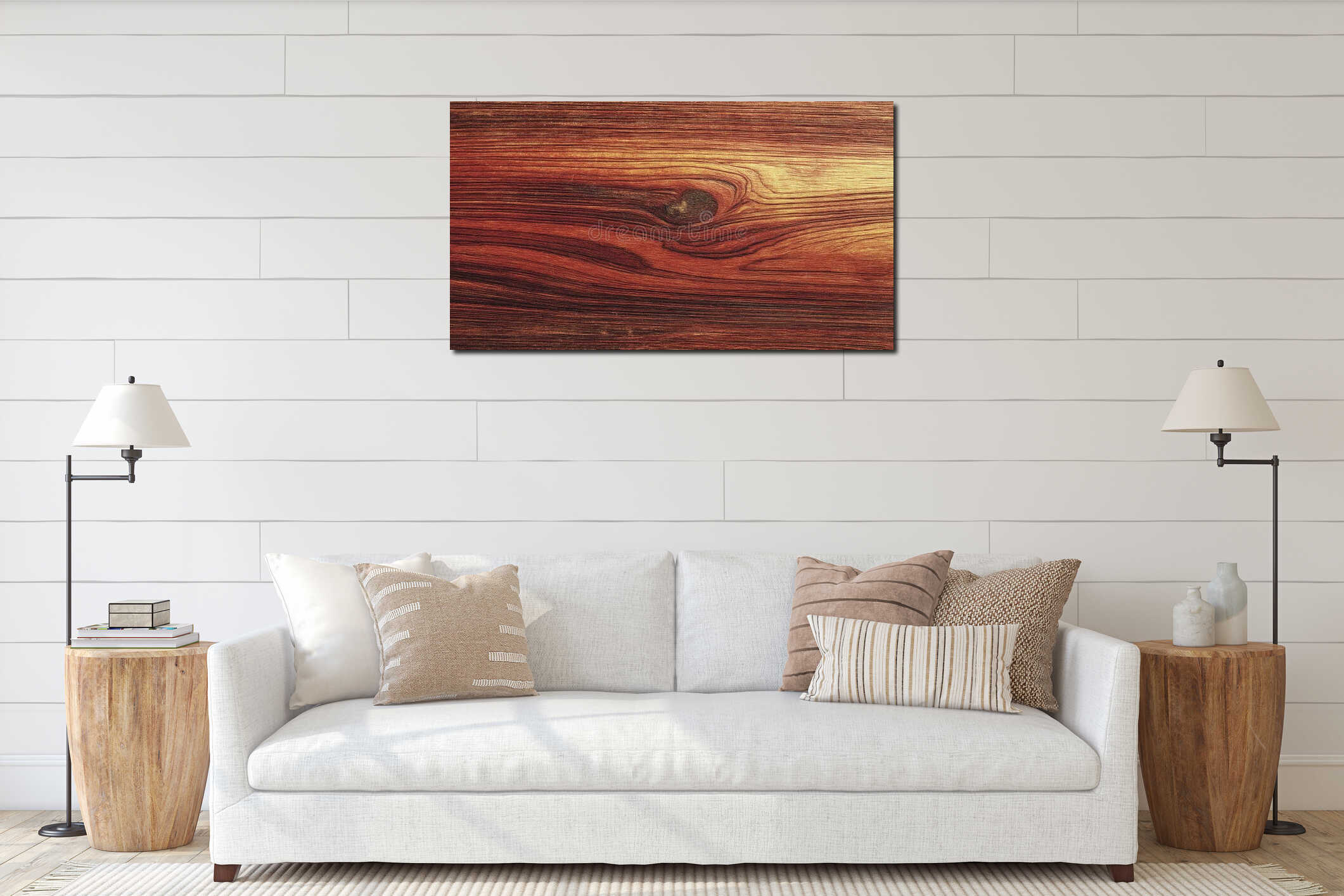 Reddish-brown wood grain background, dark red, textured wood grain pattern, hyper-realistic watercolor interior mockup