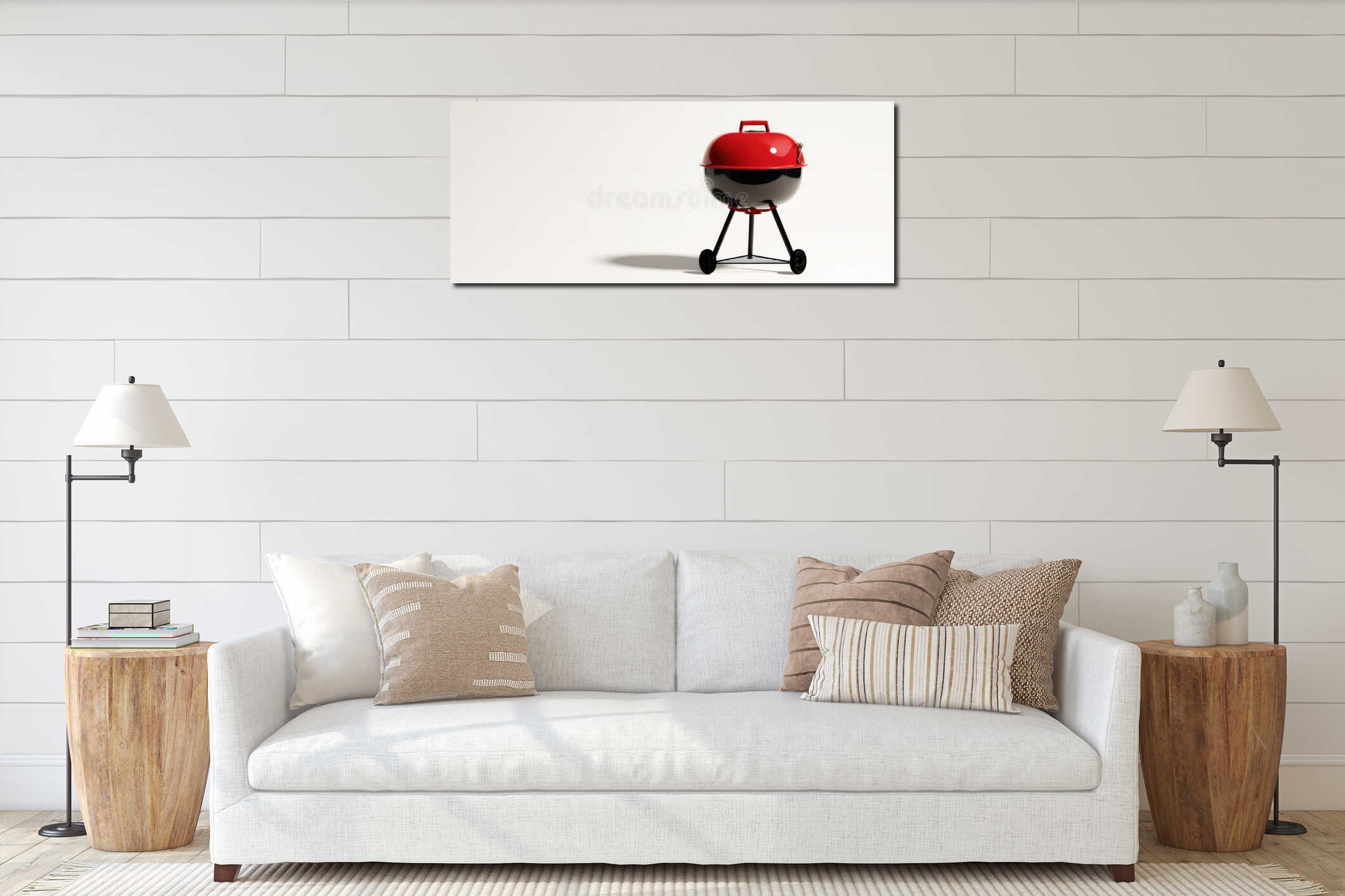 The modern red charcoal grill standing in a bright kitchen environment..AI generated image interior mockup