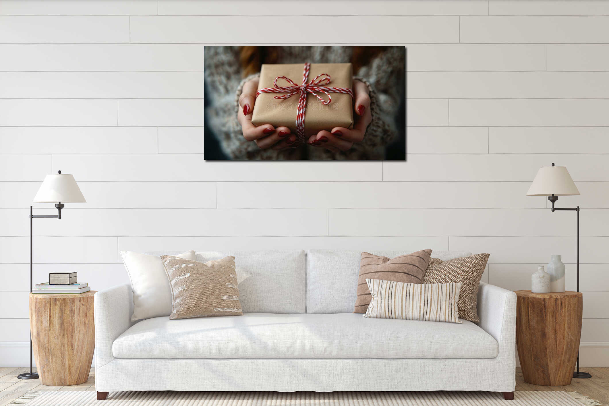 Close up of a beautifully wrapped Christmas gift held in hands interior mockup