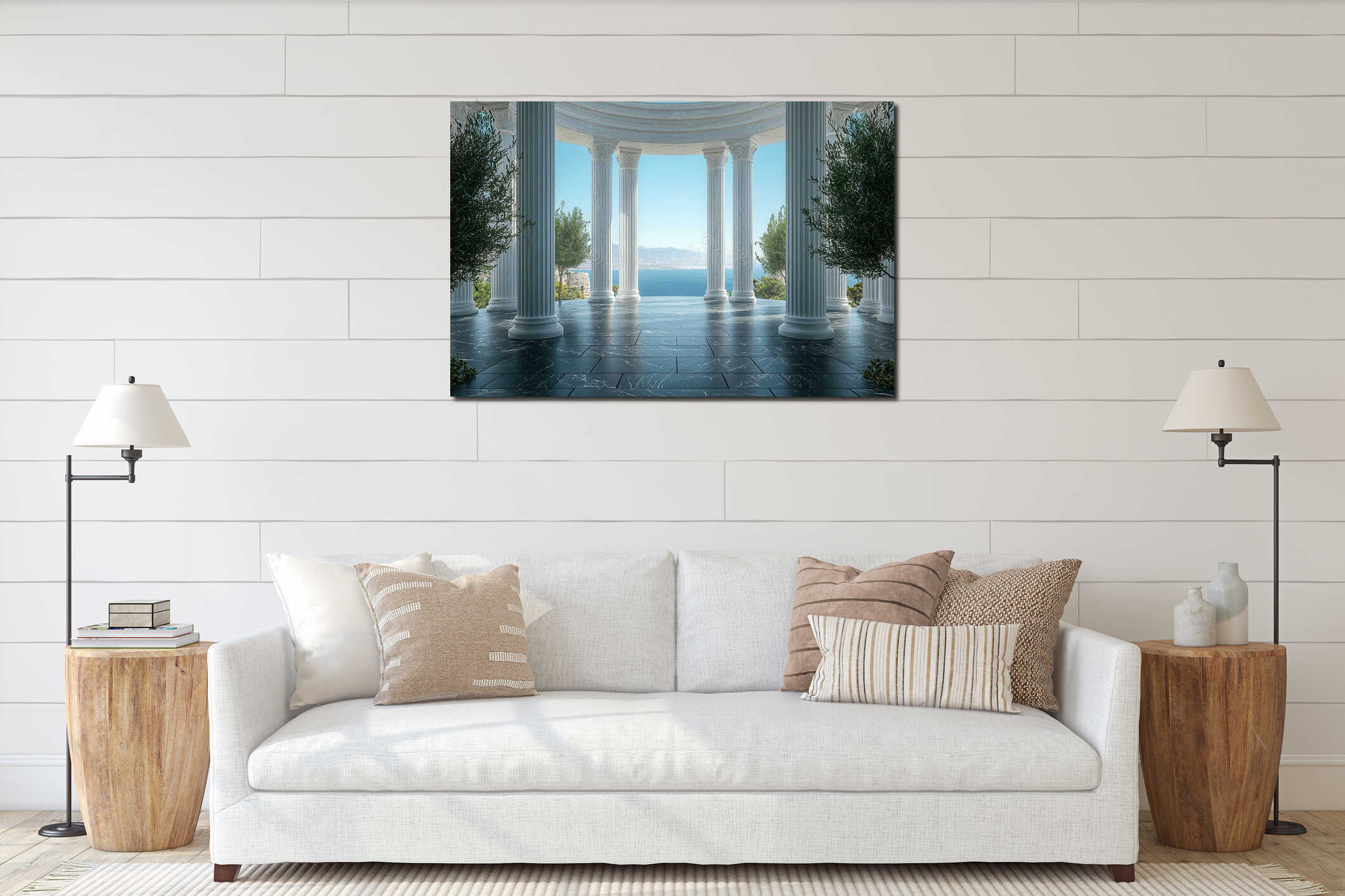 Marble Pillared Hallway with Ocean View Under Clear Sky interior mockup