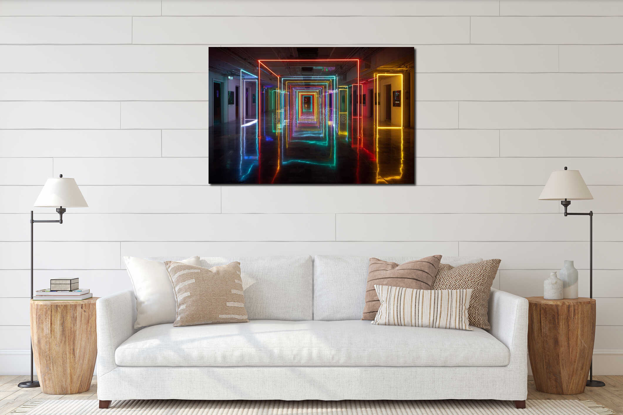 Colorful Neon Hallway with Geometric Light Frame Reflections and Depth. interior mockup