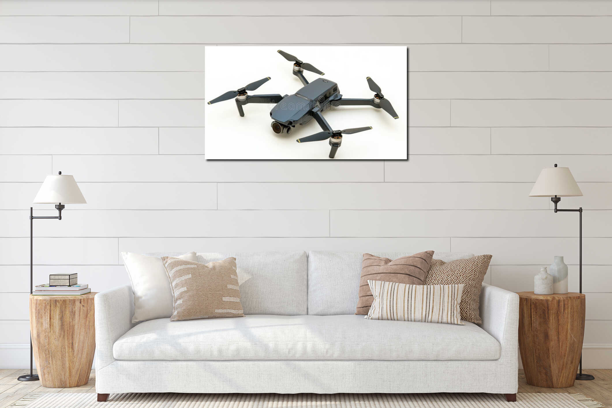 An advanced RC quadcopter drone features a 4K camera for taking aerial images in a creative abstract representation set interior mockup