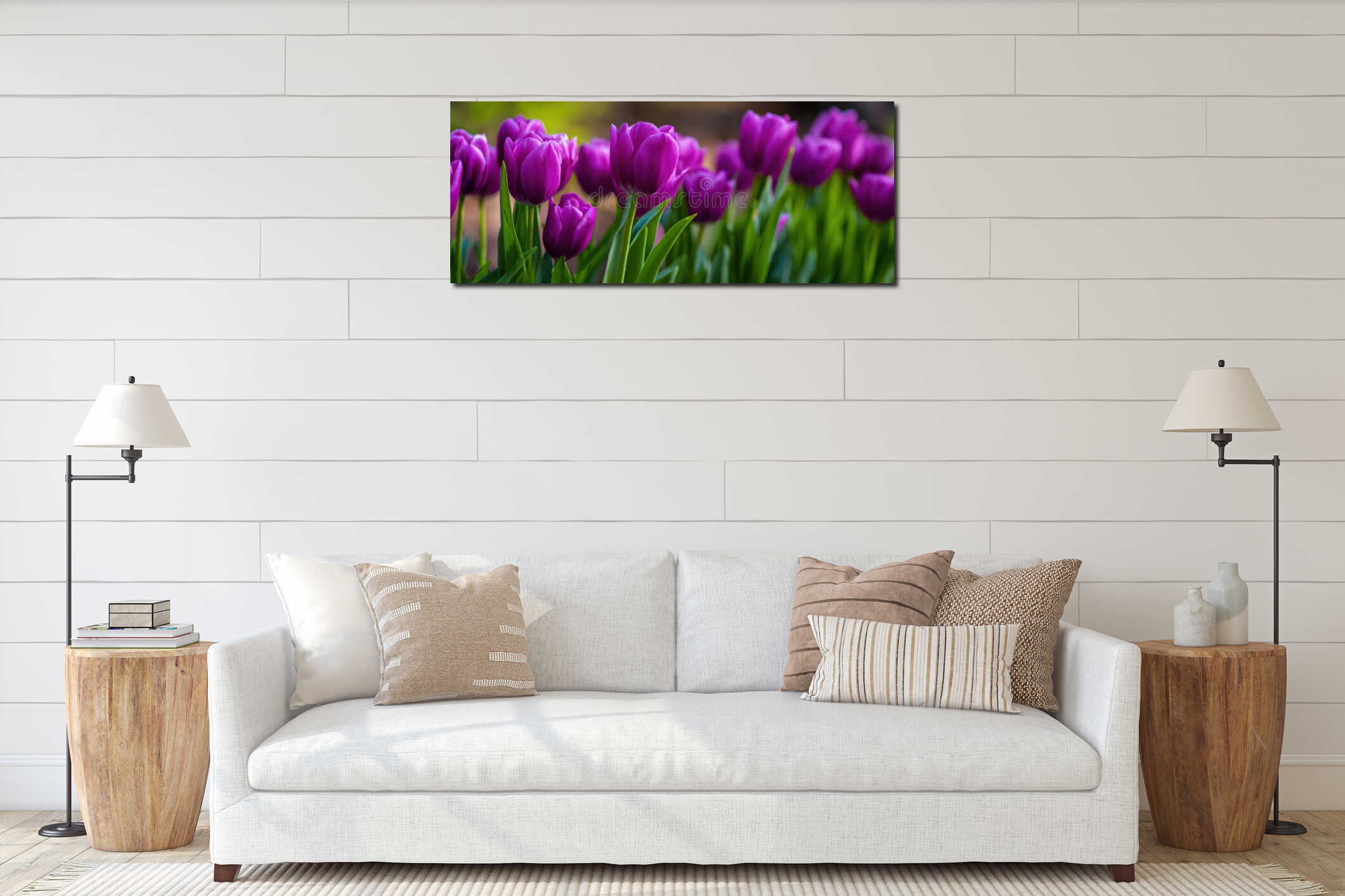 The vibrant purple tulips blooming beautifully in a tranquil garden setting..AI generated image interior mockup
