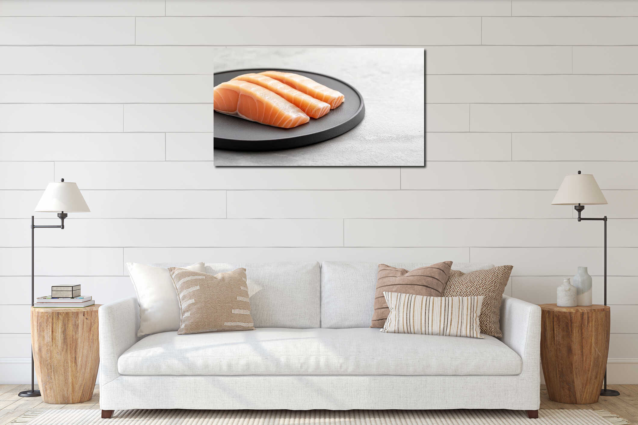 Salmon fillets resting on dark gray plate, positioned atop textured surface, displaying raw seafood ingredient with minimalist interior mockup