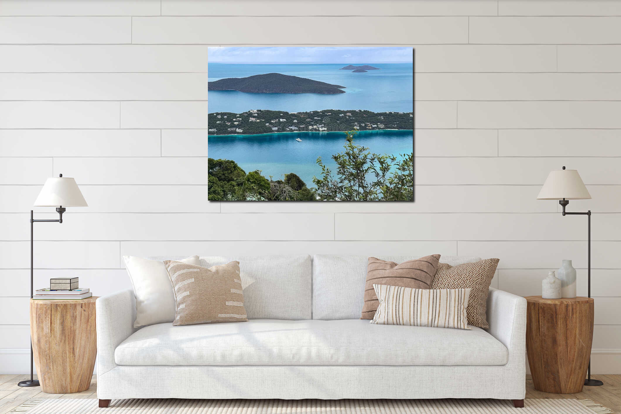 Panoramic view from Mountain Top in St. Thomas, U.S. Virgin Islands, overlooking turquoise bays and neighboring islands. interior mockup