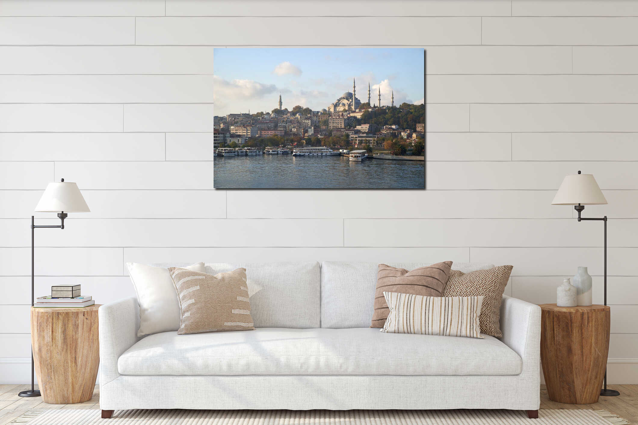 10 10 2019 Istanbul, Turkey. Panoramic view of istanbul skyline with mosques and interior mockup