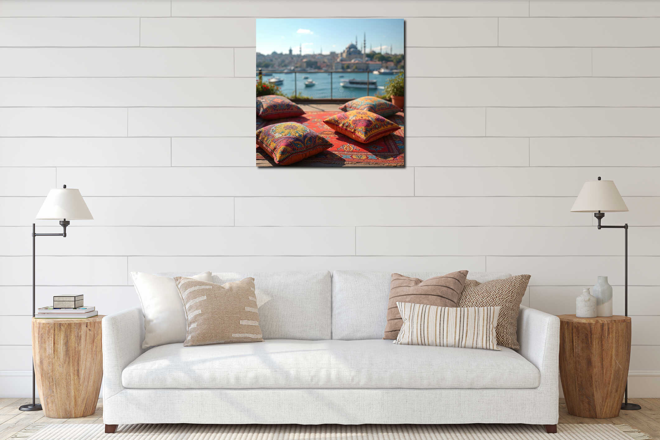 Panoramic Istanbul cityscape from high terrace, authentic pillows carpet decor. Bosphorus strait, historic city buildings, interior mockup