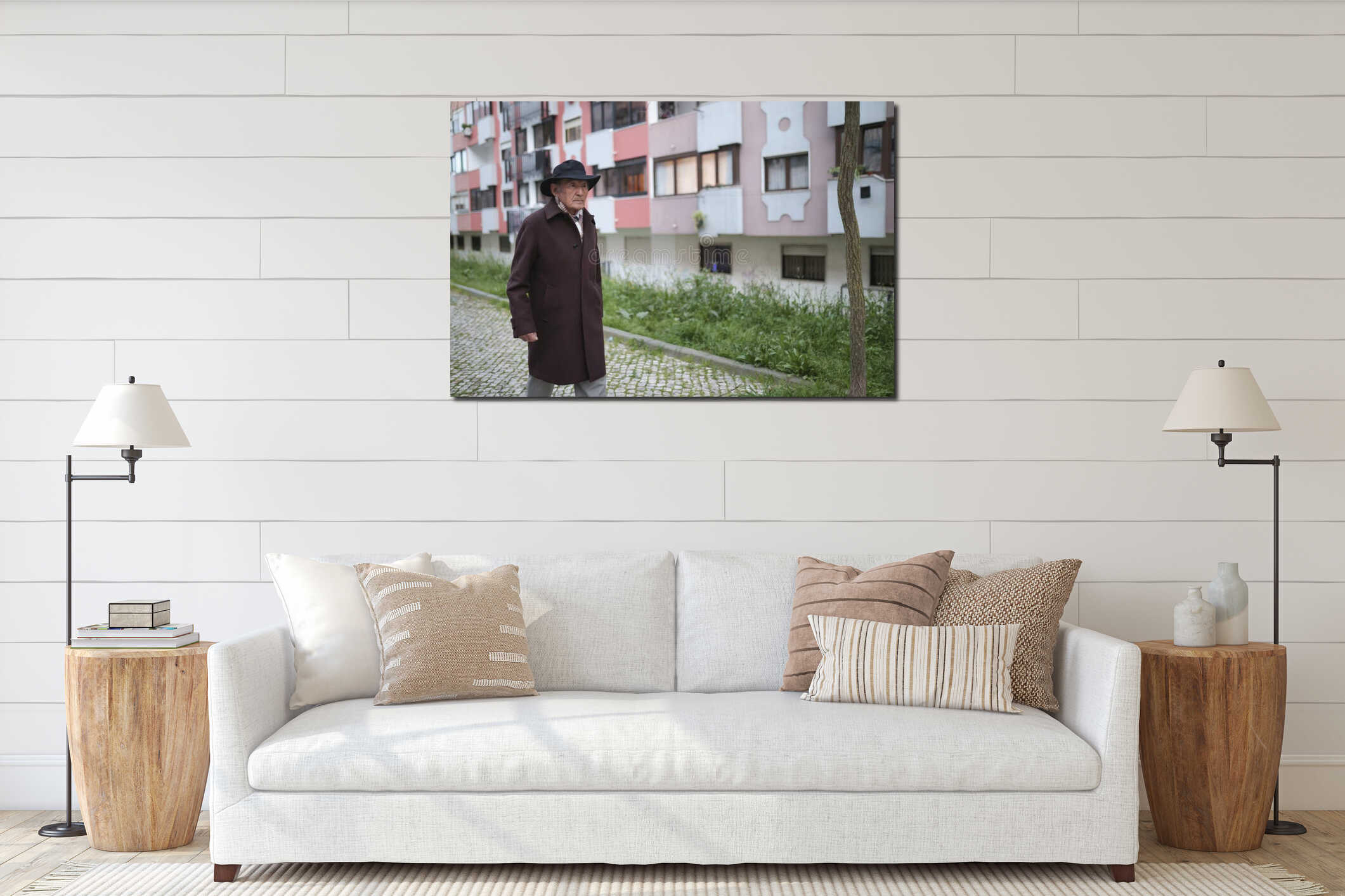 Elderly gentleman walking near residential building interior mockup