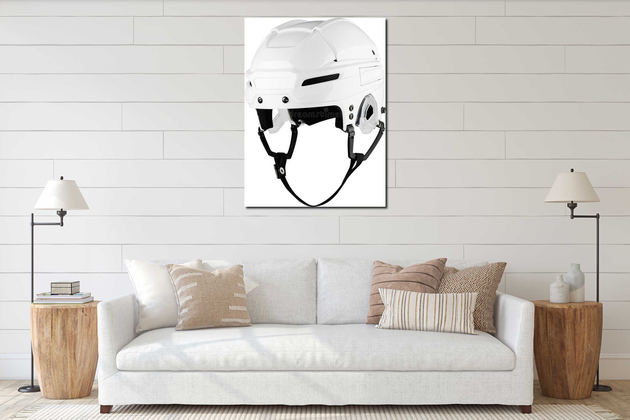 White Protective Ice Hockey Helmet with Transparent Plastic Visor on White Background interior mockup