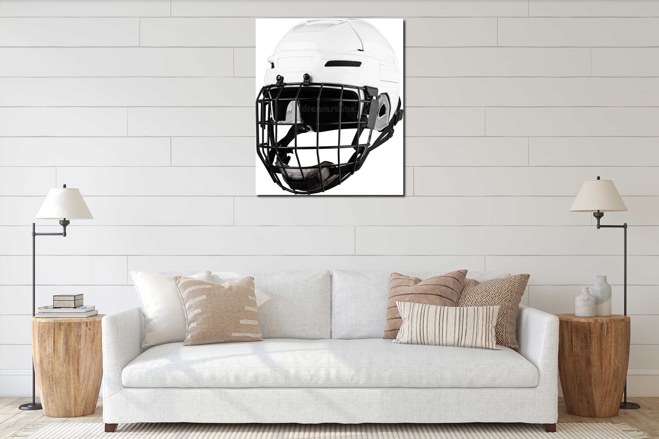 White Protective Ice Hockey Helmet with Transparent Plastic Visor on White Background interior mockup
