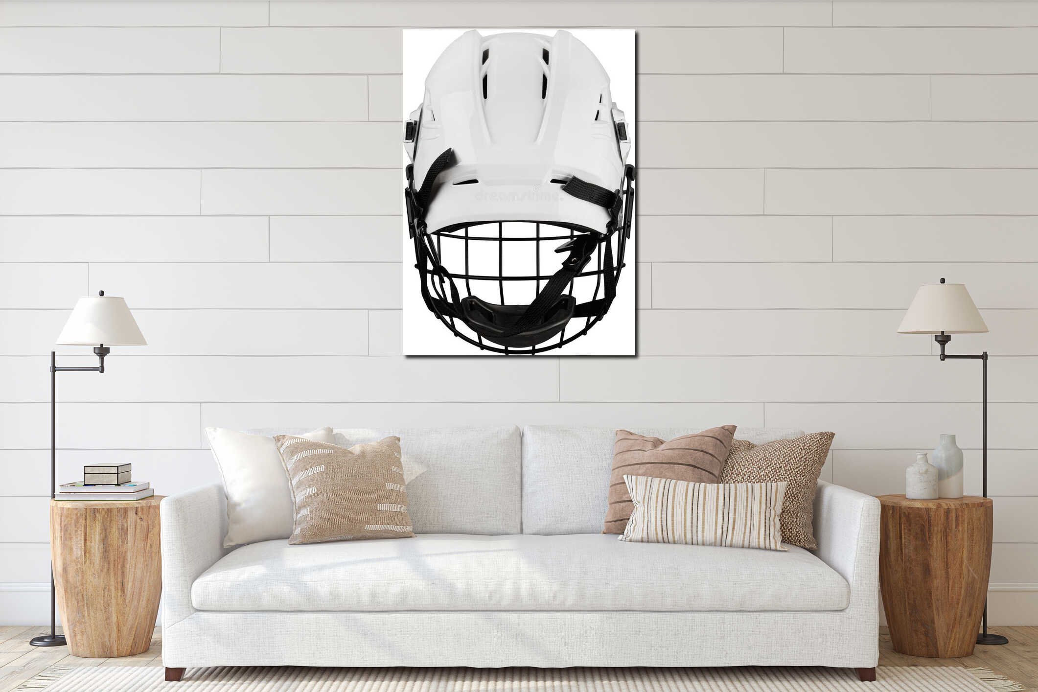 White Protective Ice Hockey Helmet with Transparent Plastic Visor on White Background interior mockup