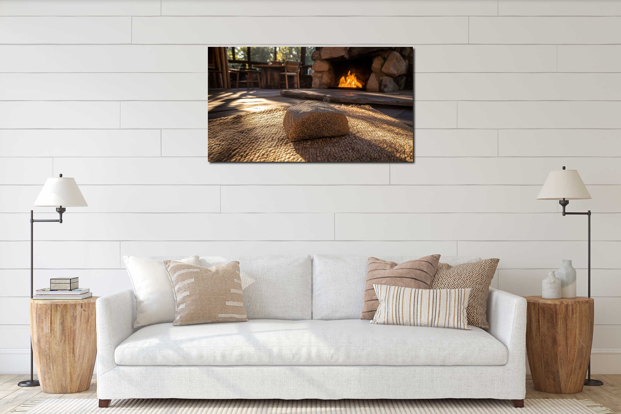 A sunlit room features a rustic stone fireplace with a warm fire, accompanied by a wooden table and a woven rug interior mockup