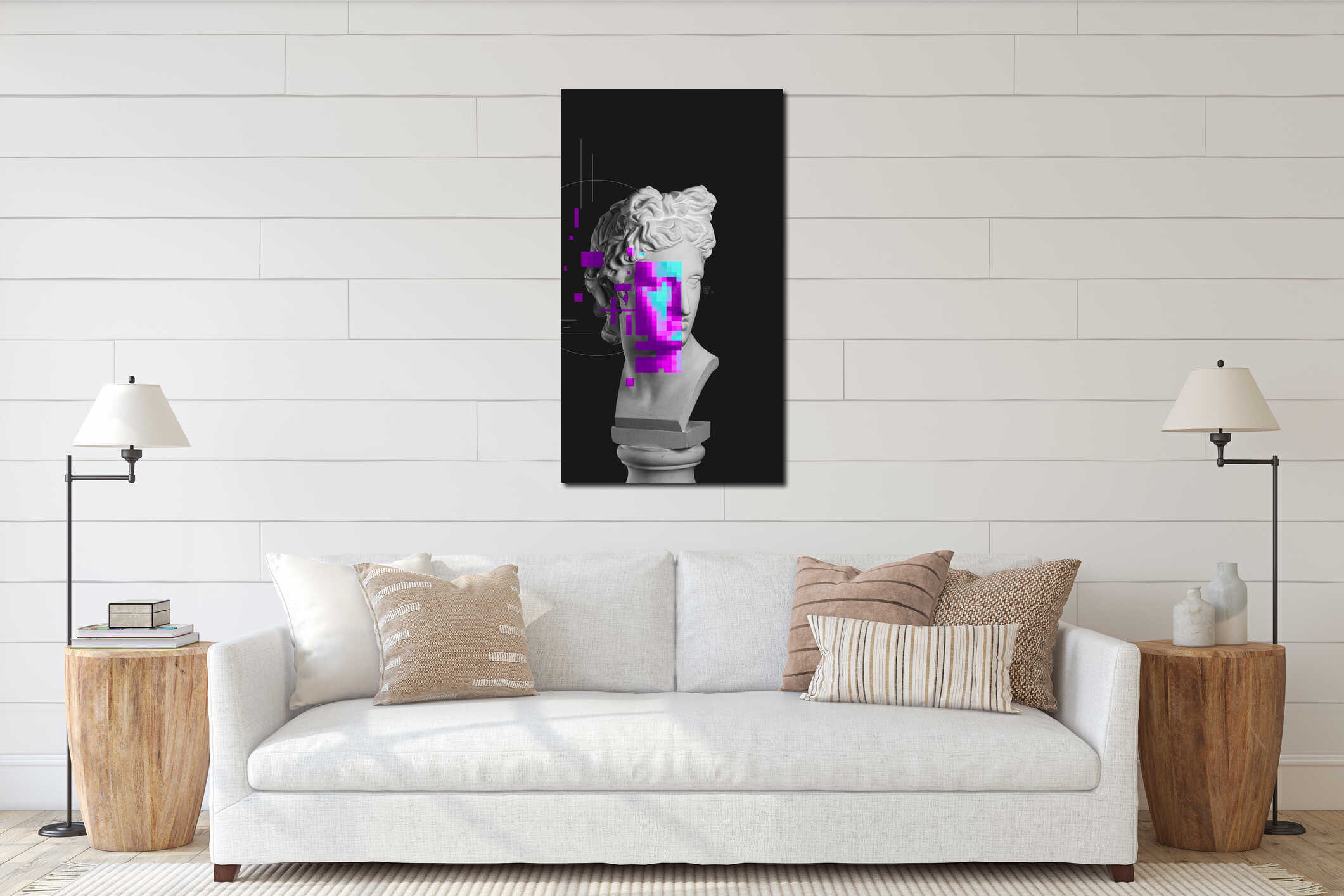 Abstract art design. Classical bust fragmented with violet and cyan glitch blocks and overlay of floating pixels. Digital era. interior mockup
