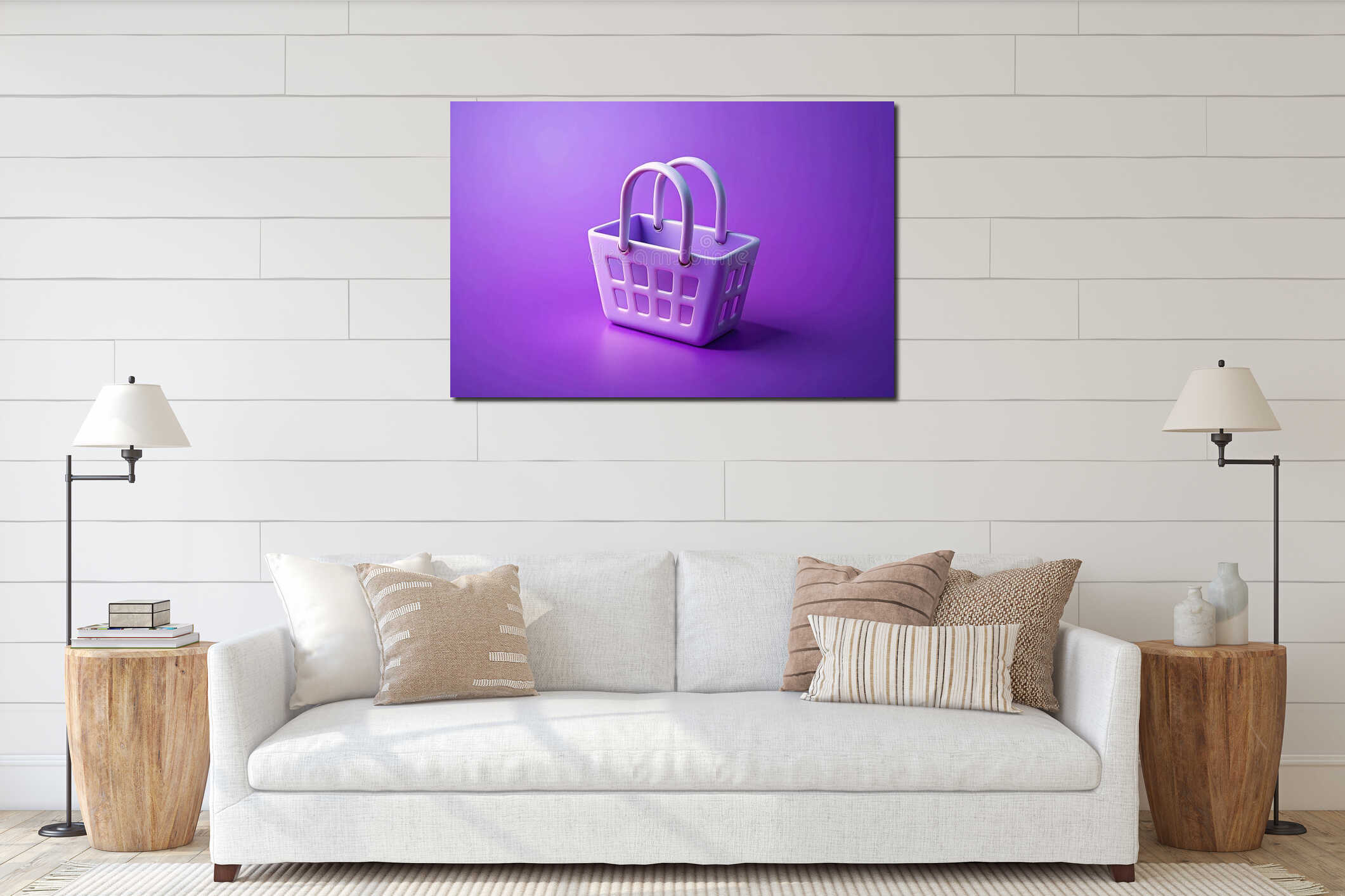 Purple shopping basket, studio backdrop, empty, online retail interior mockup
